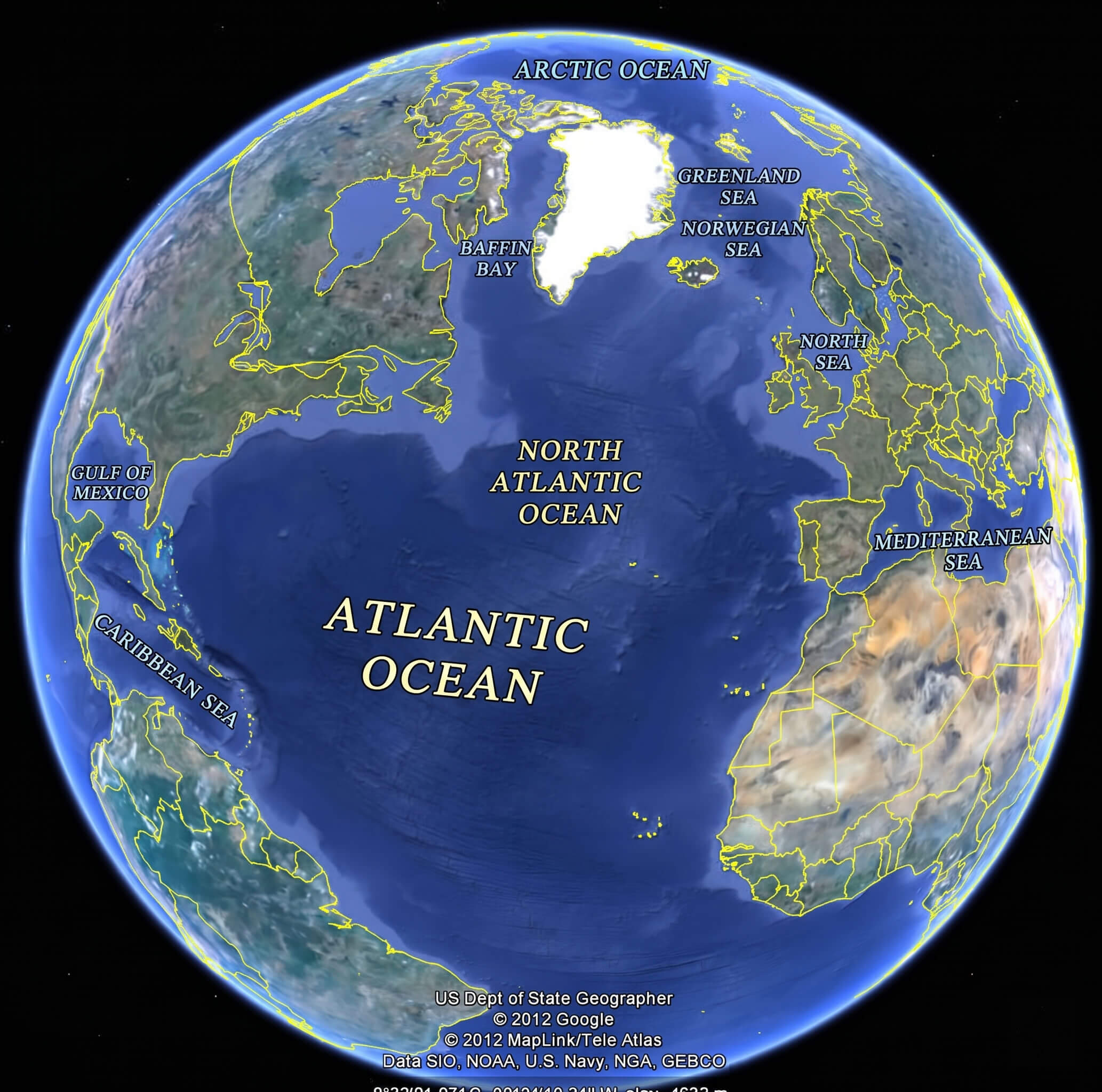 World Earth map Atlantic view