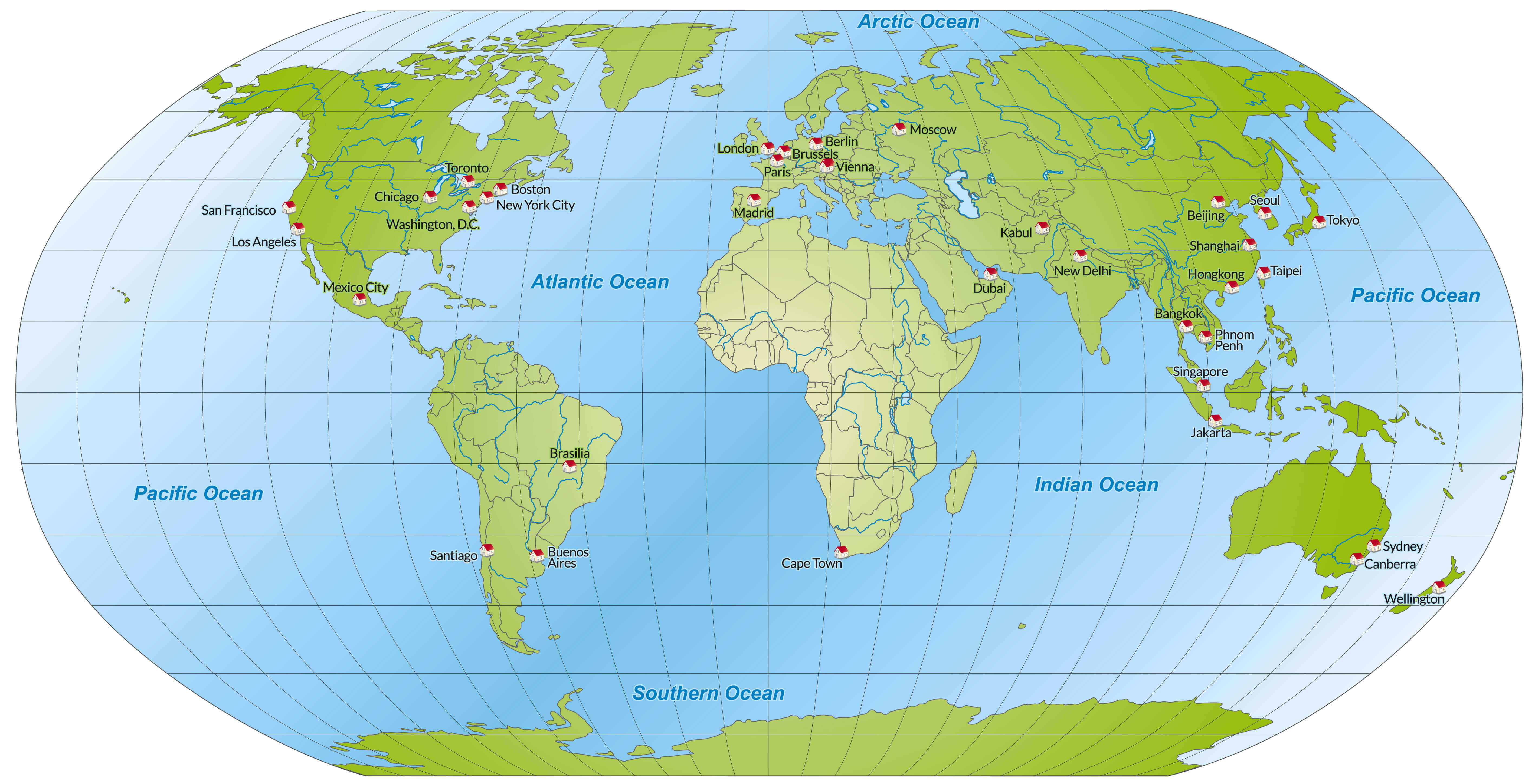 World globe map with longitude latitude