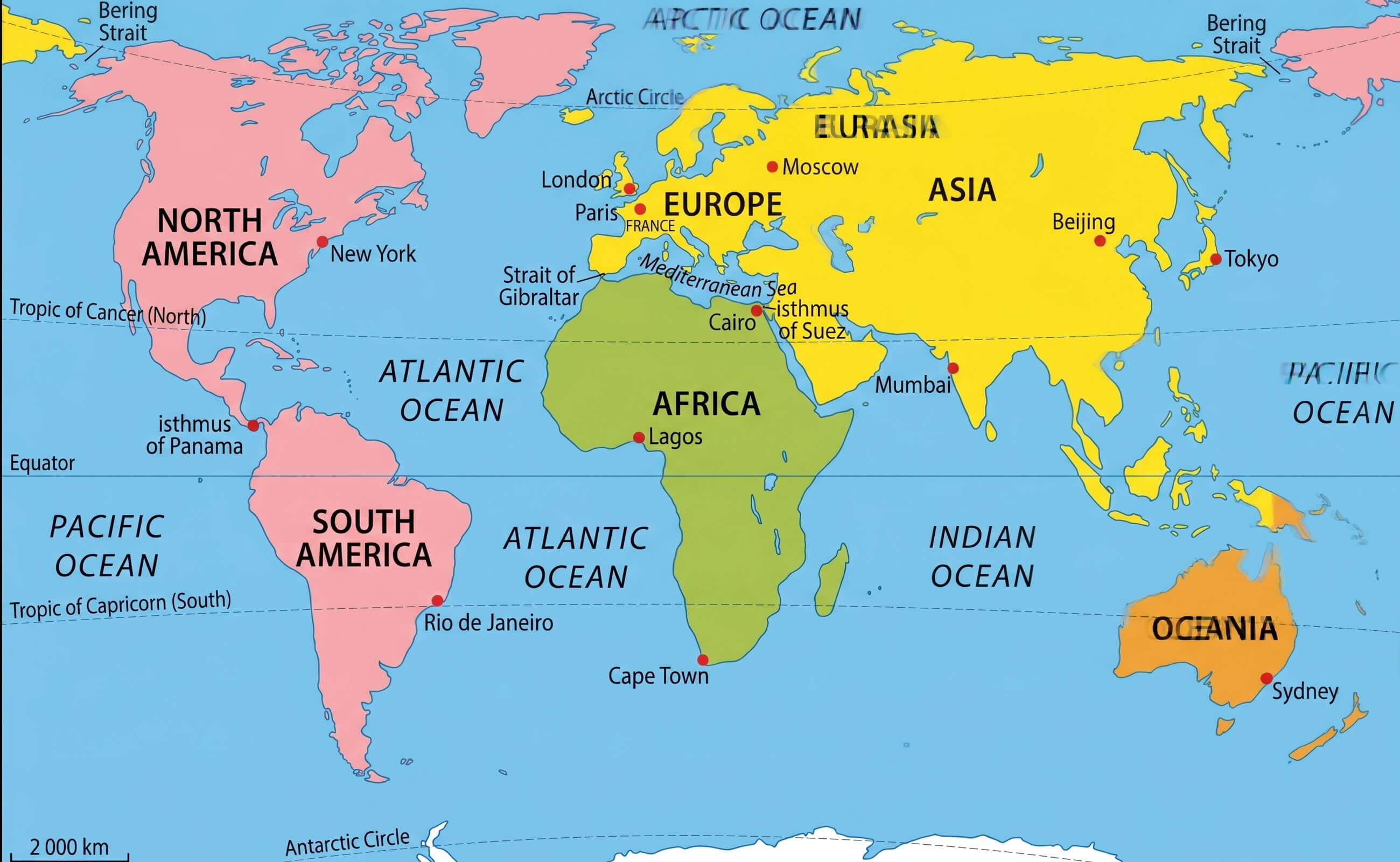 World map continents labeled