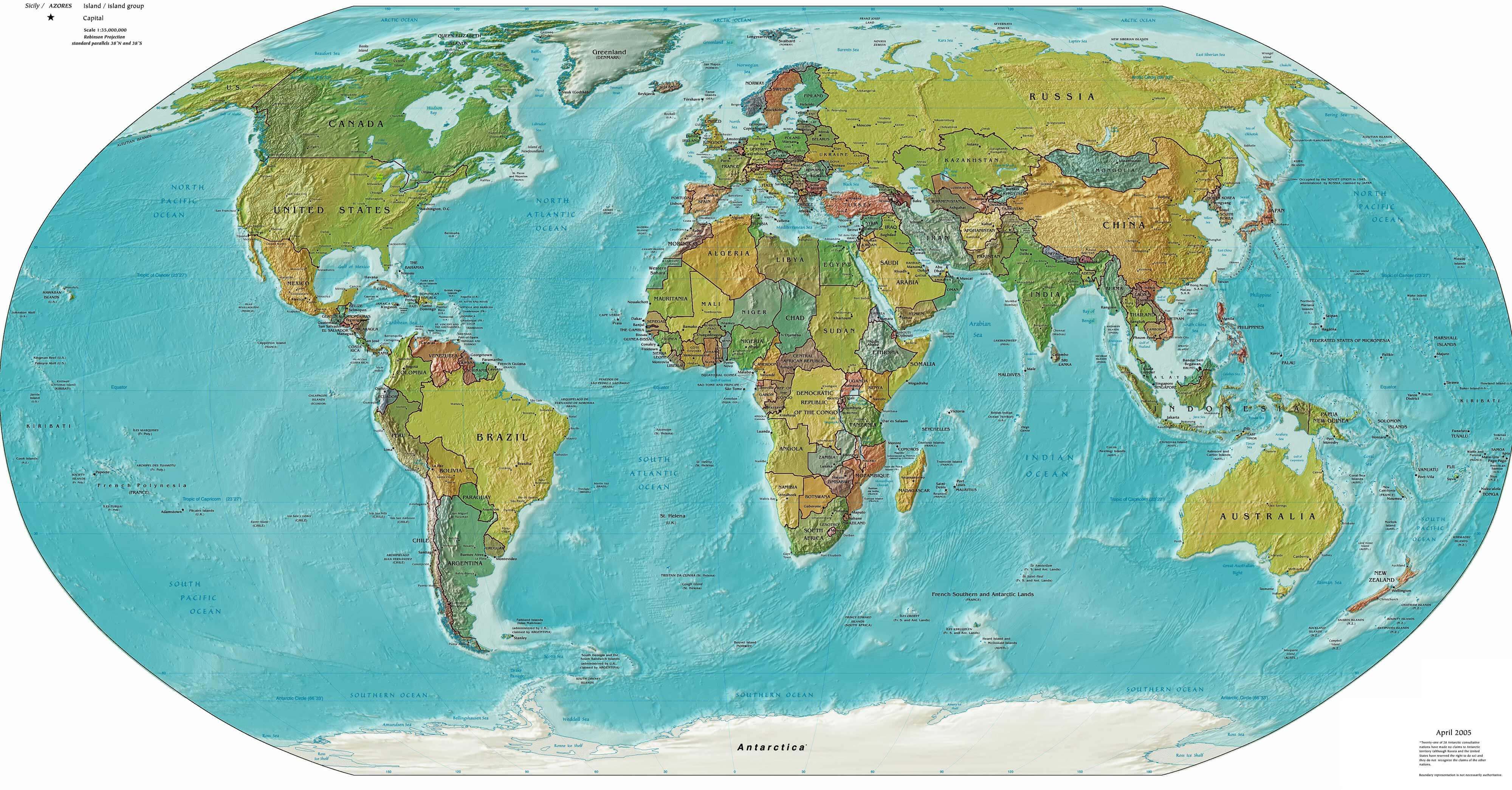 World political physical combined map