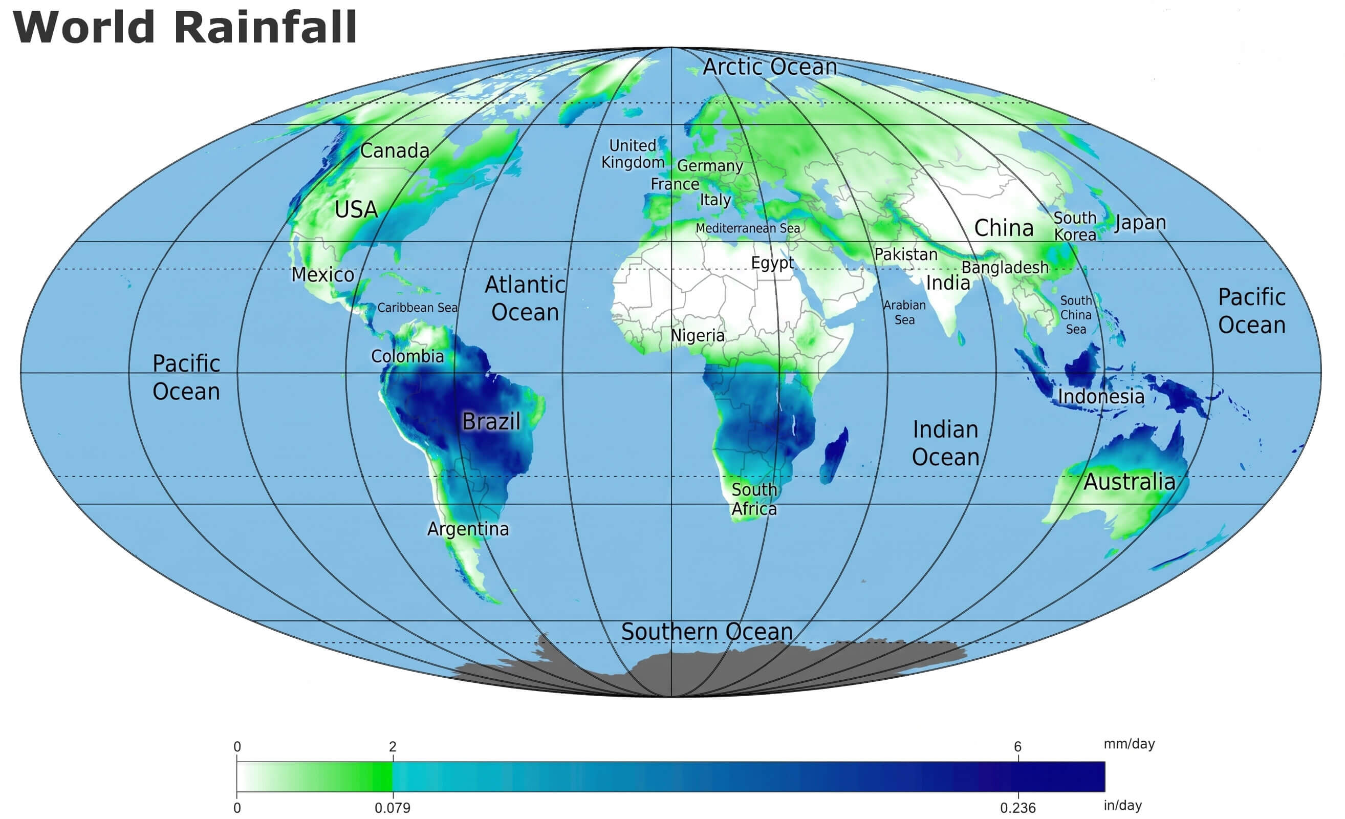 World rainfall distribution map 2009