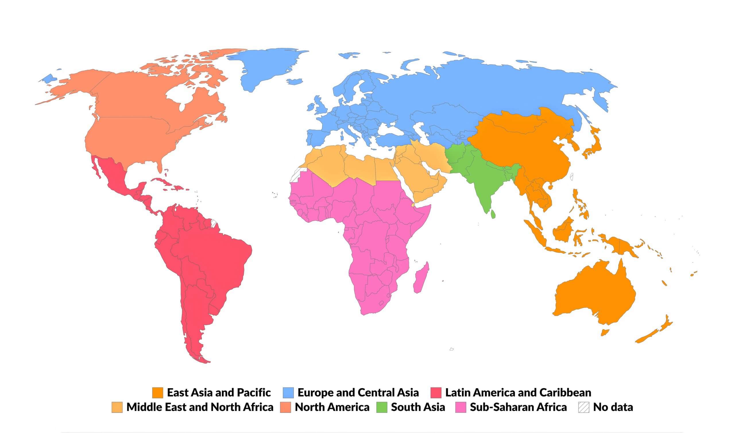 World regions map colored