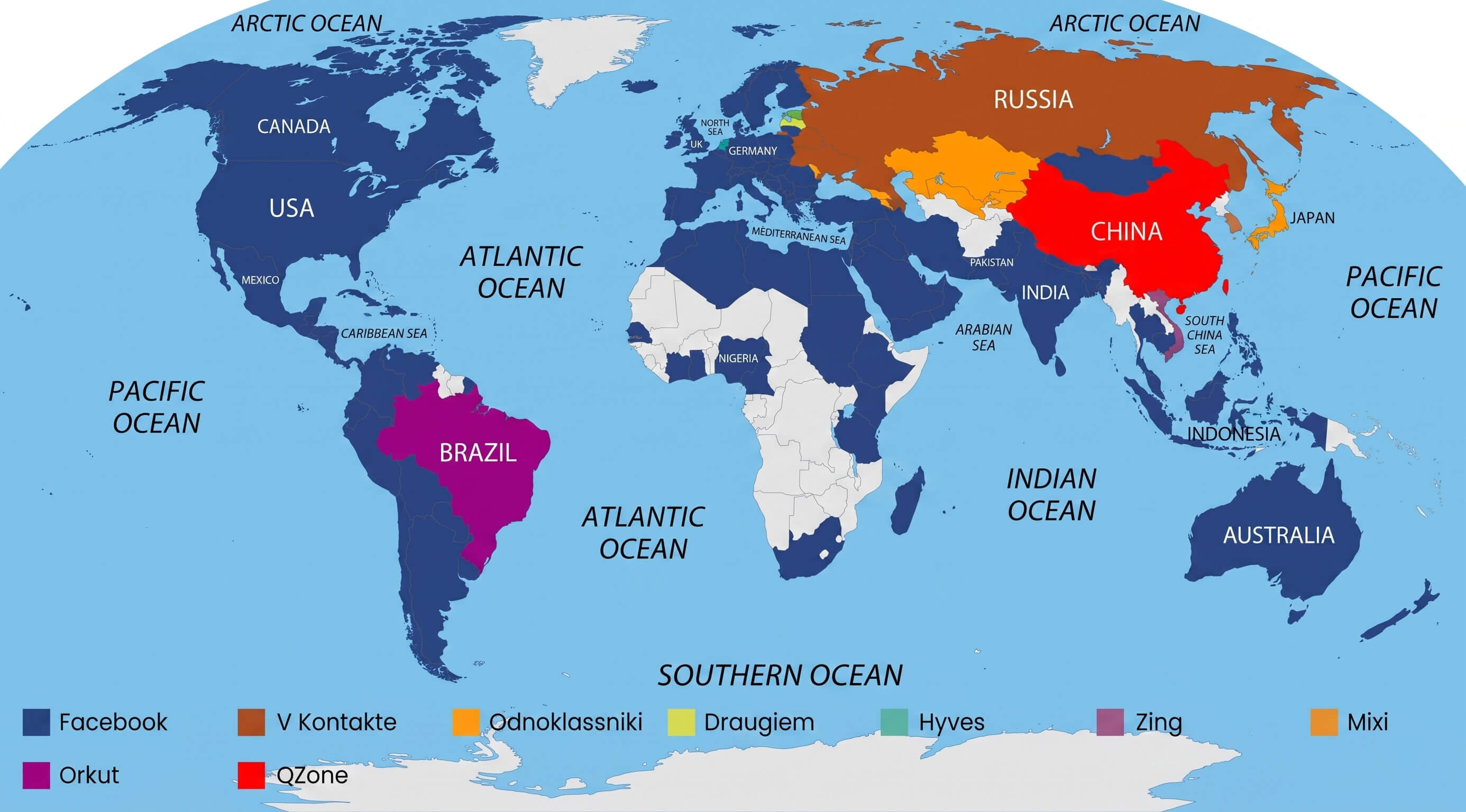 World social network usage map
