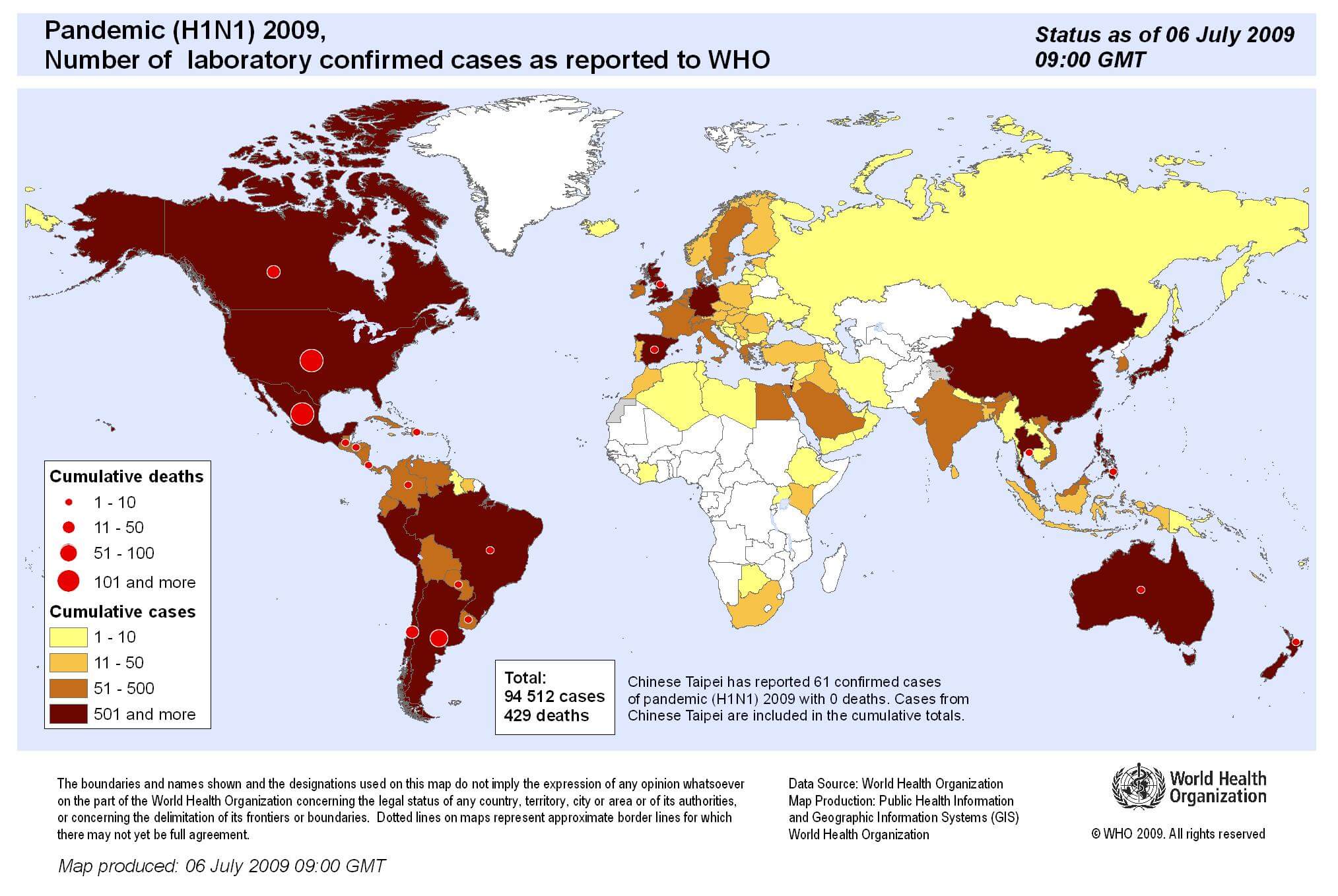World swine flu distribution map