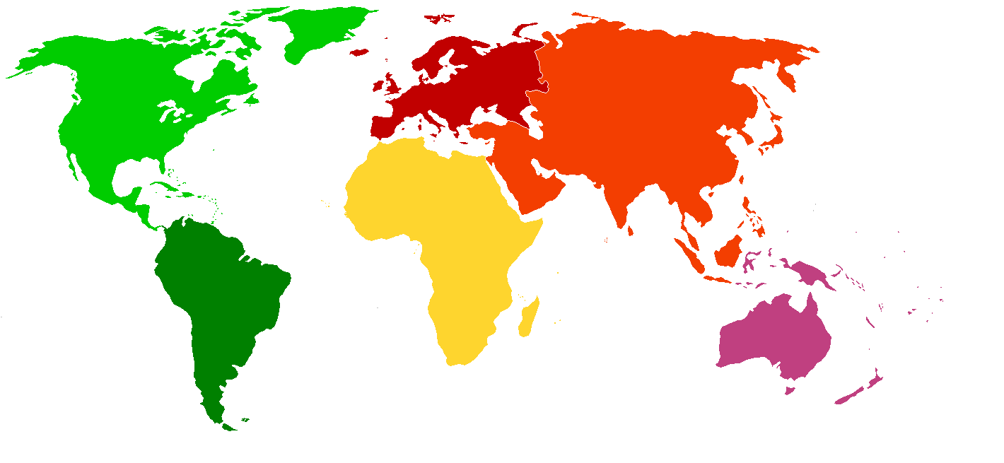 World continents coloured map