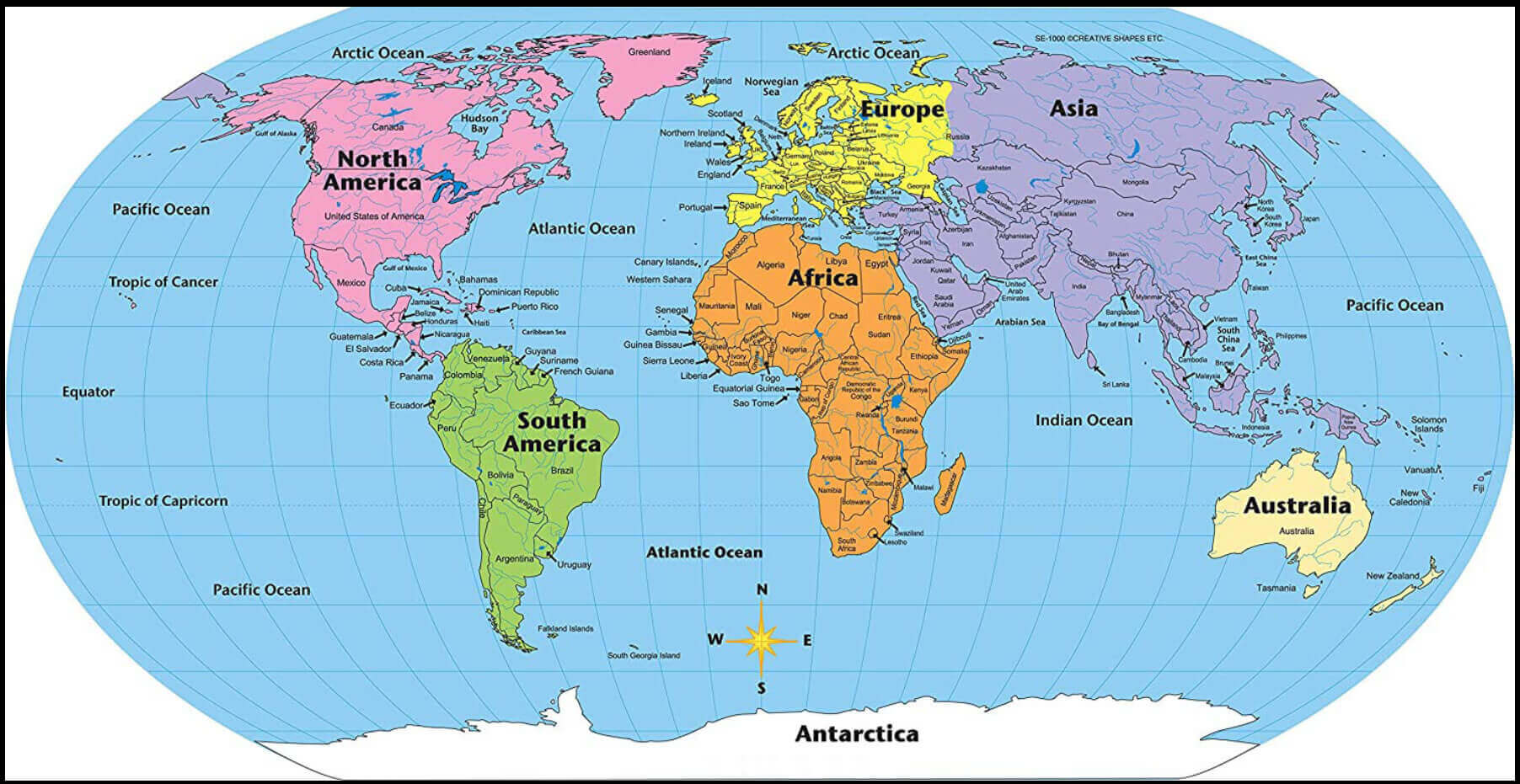 World continents map with countries