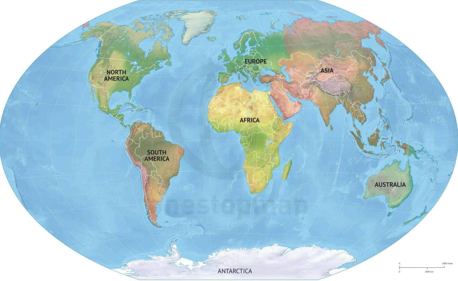 World continents with physical map