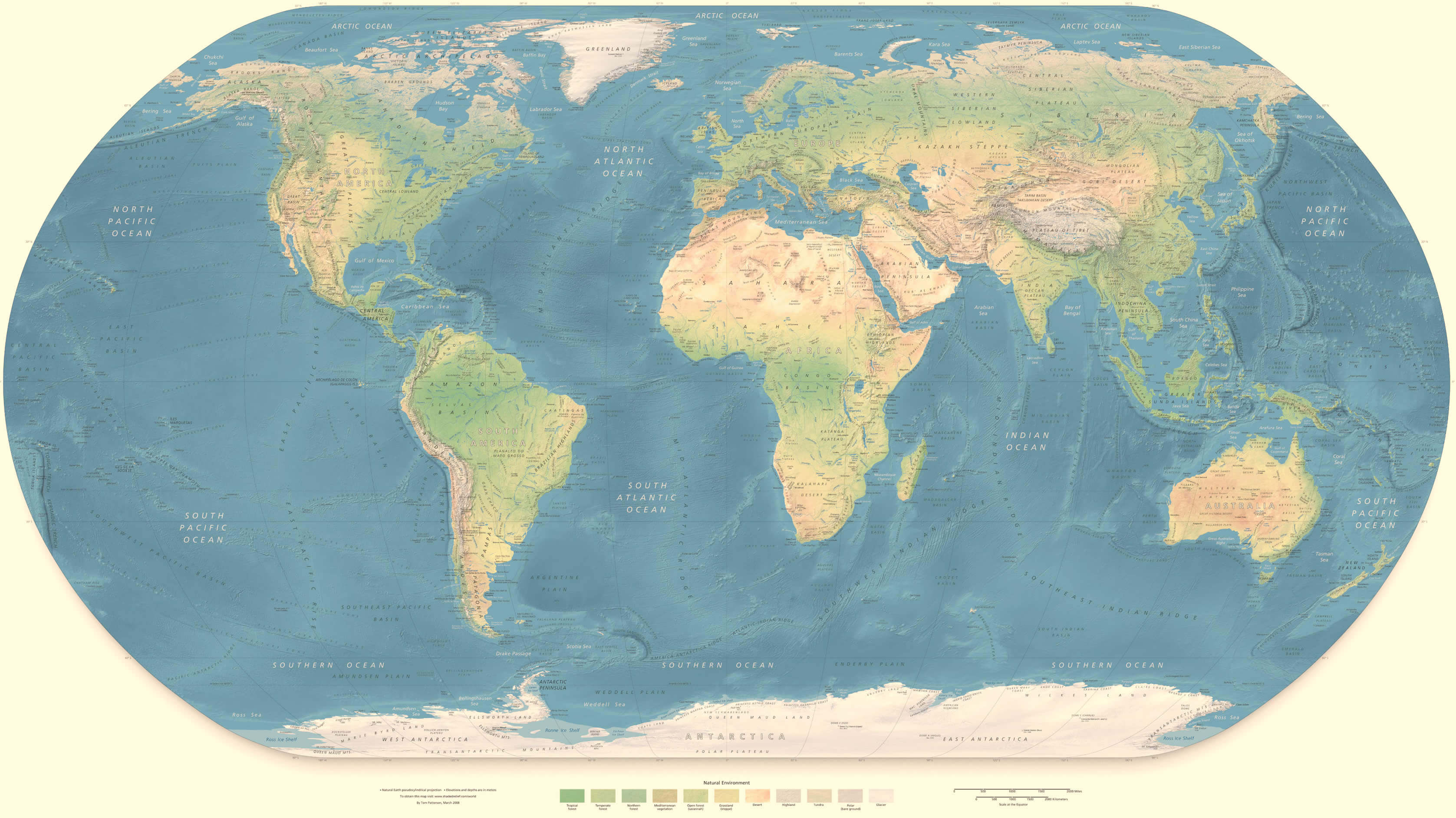Physical map of World with continents and Countries