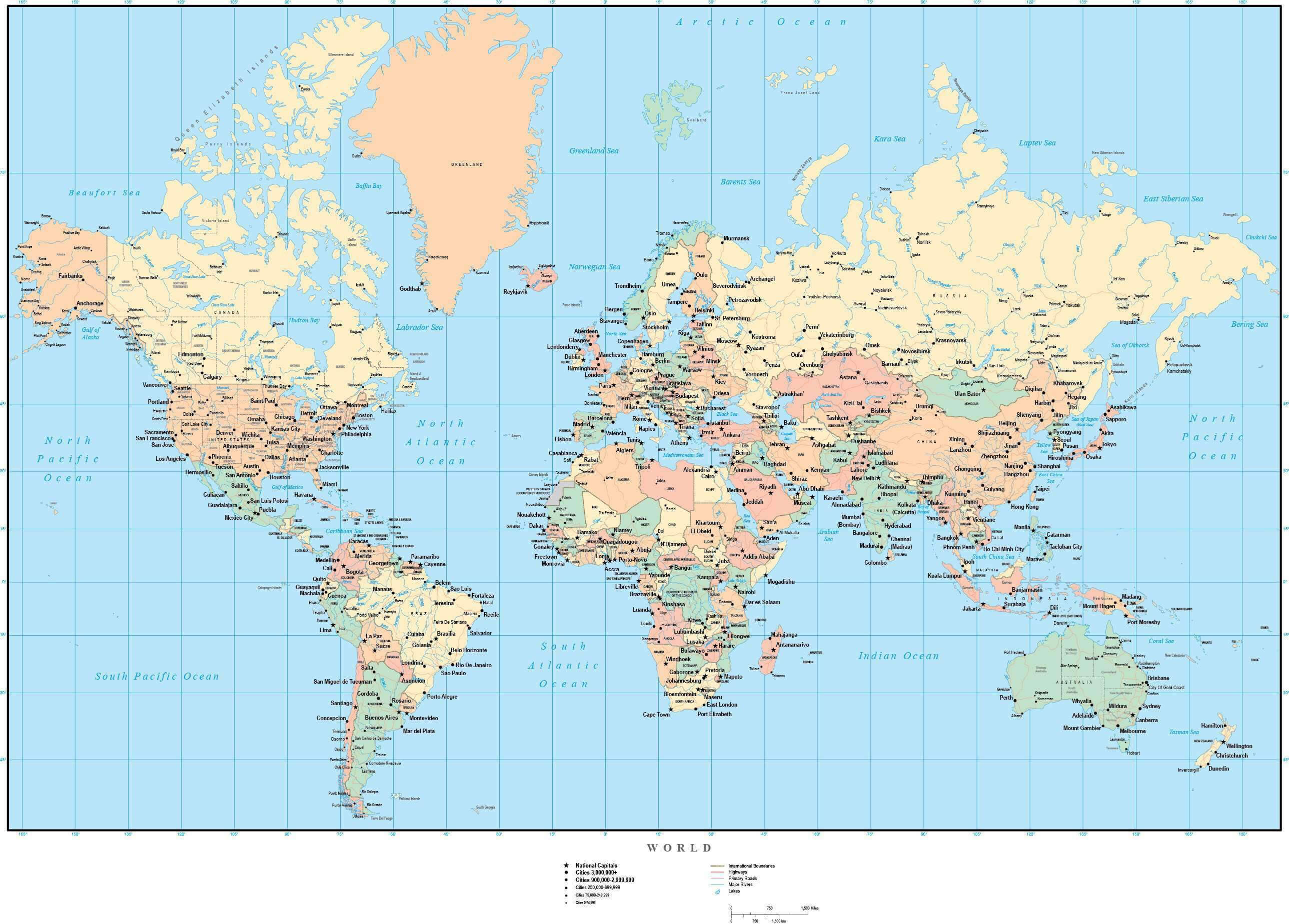 World Countries capitals cities international borders map