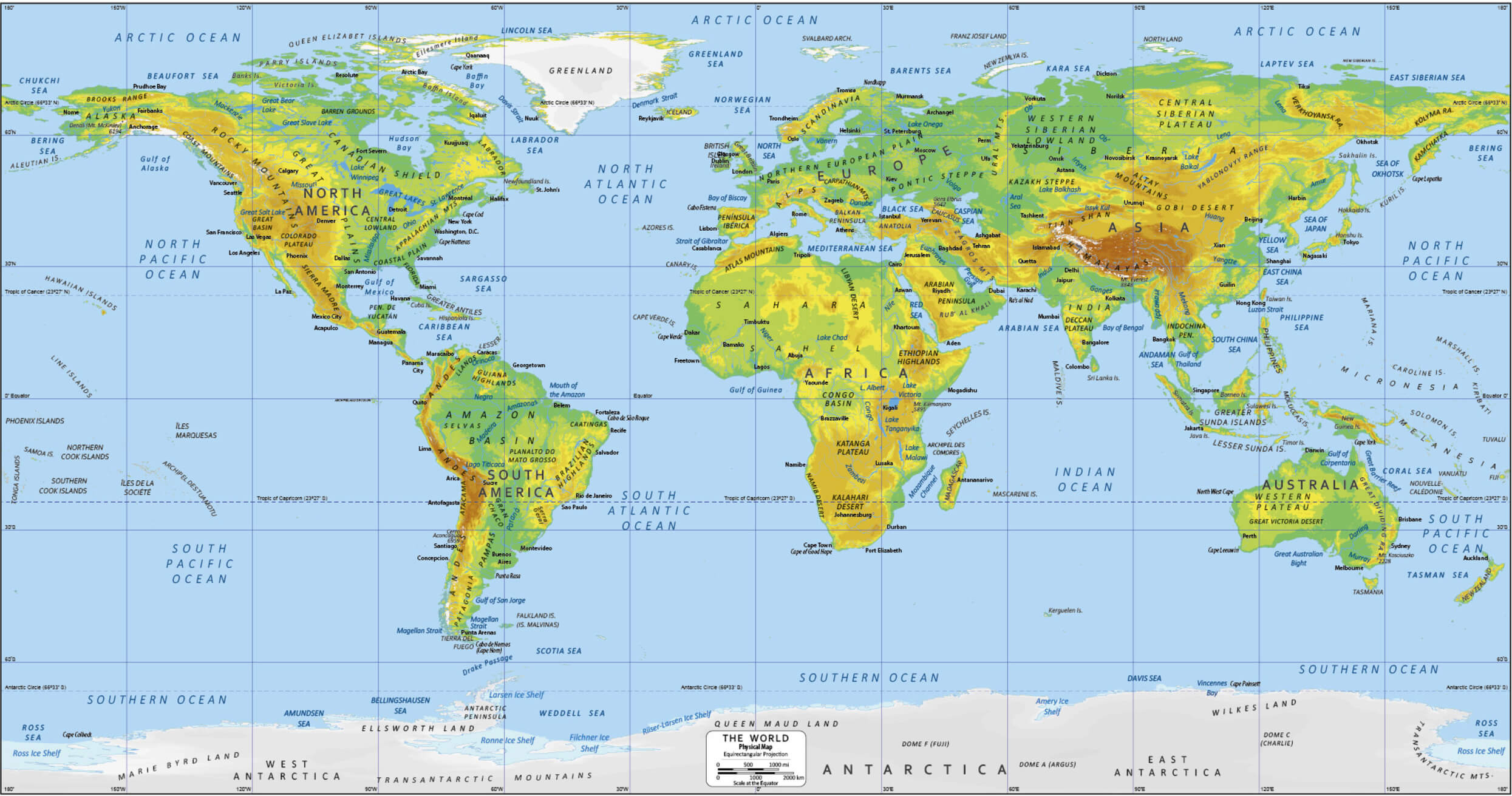 World map with Countries mountains rivers platos