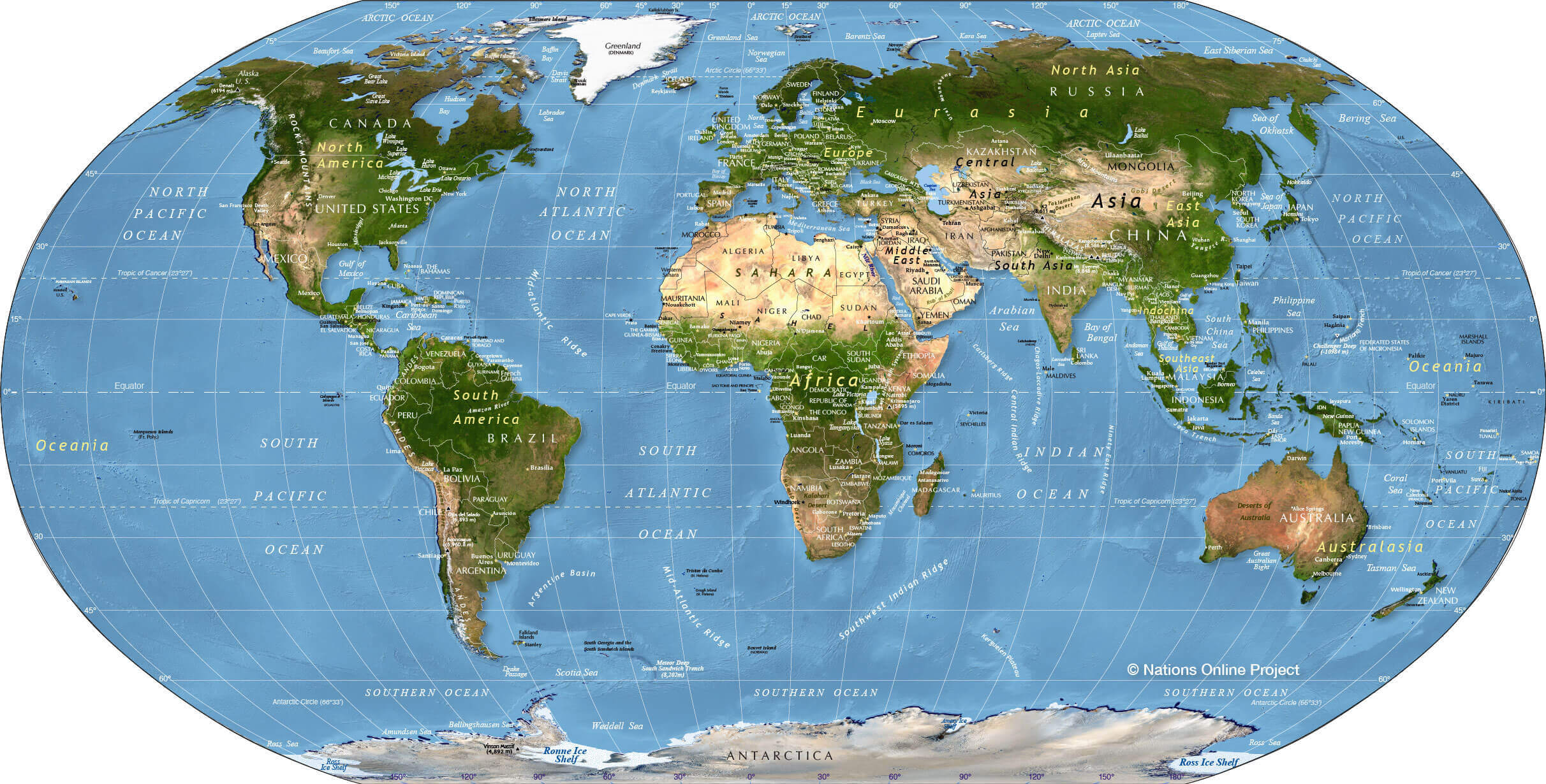 Download physical map of the World with latitude and longitude