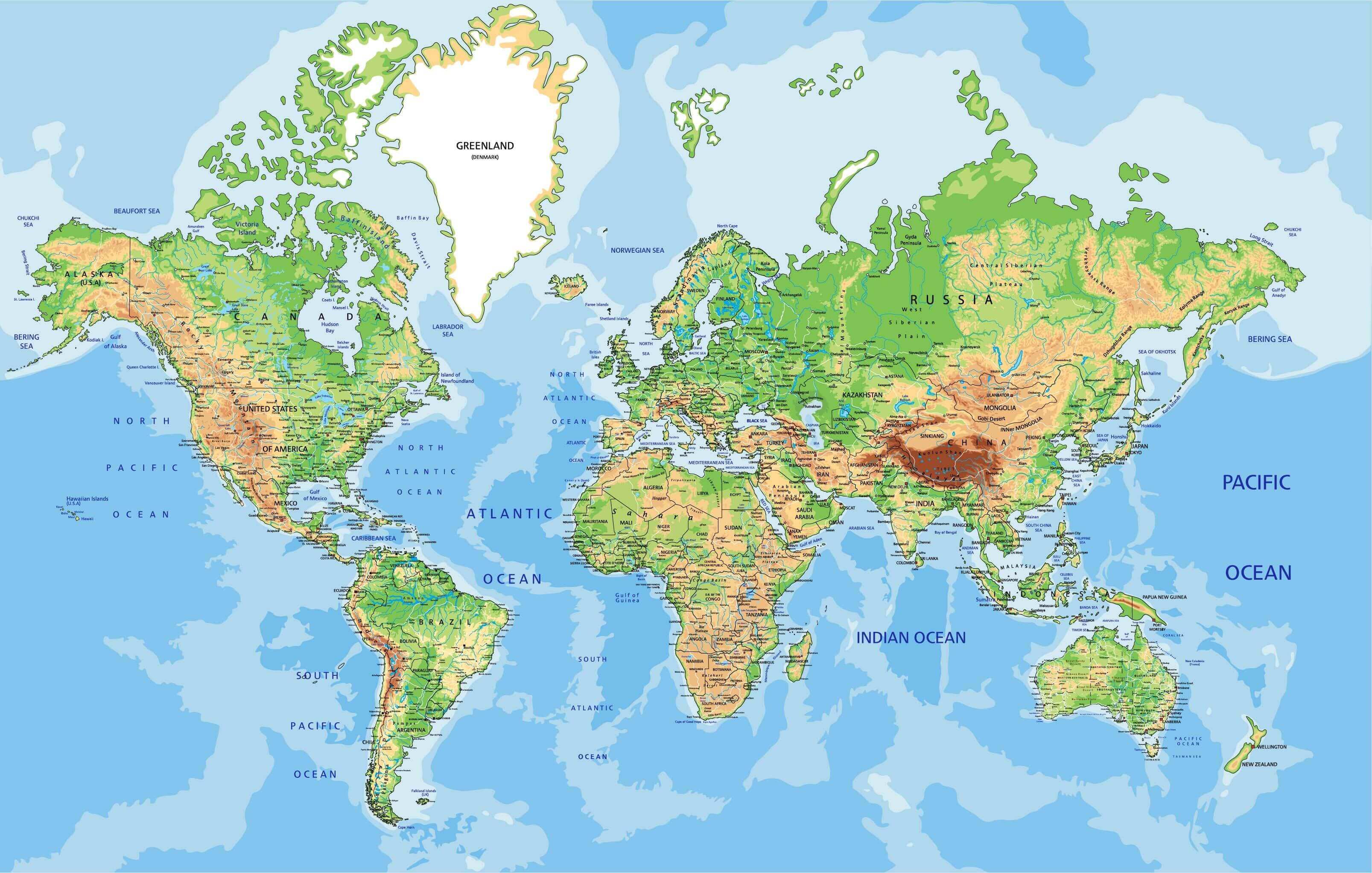 Printable World physical and geographical map