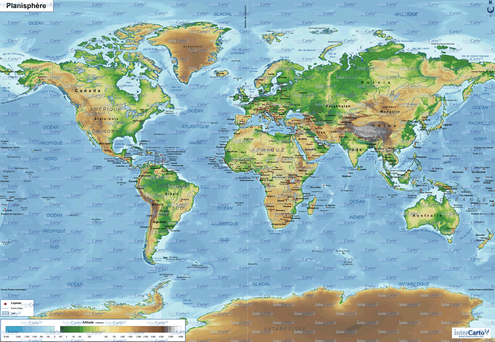 World geography map in french language