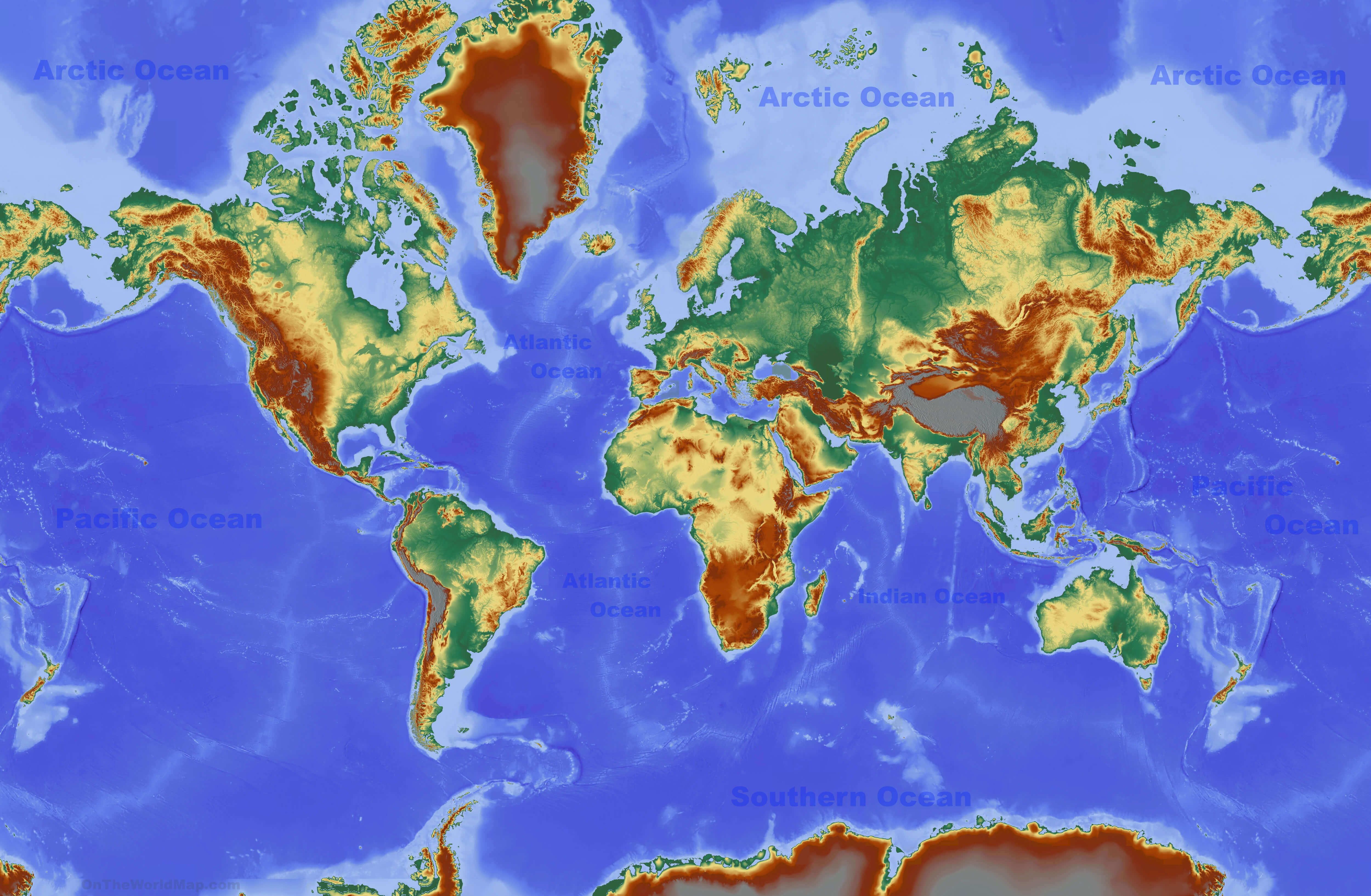 High Resolution World physical map with oceans