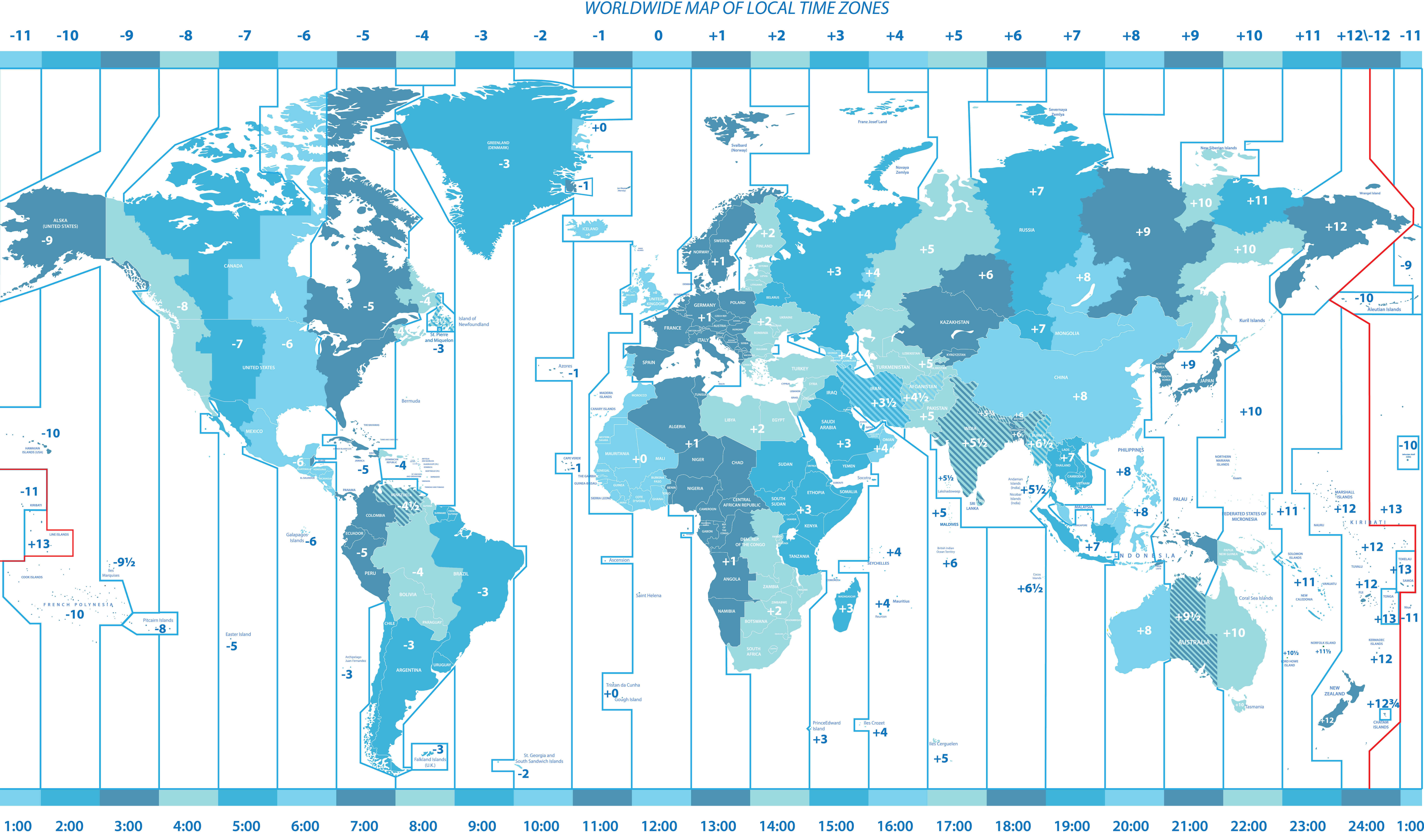 High Resolution Worldwide political map of local time zones