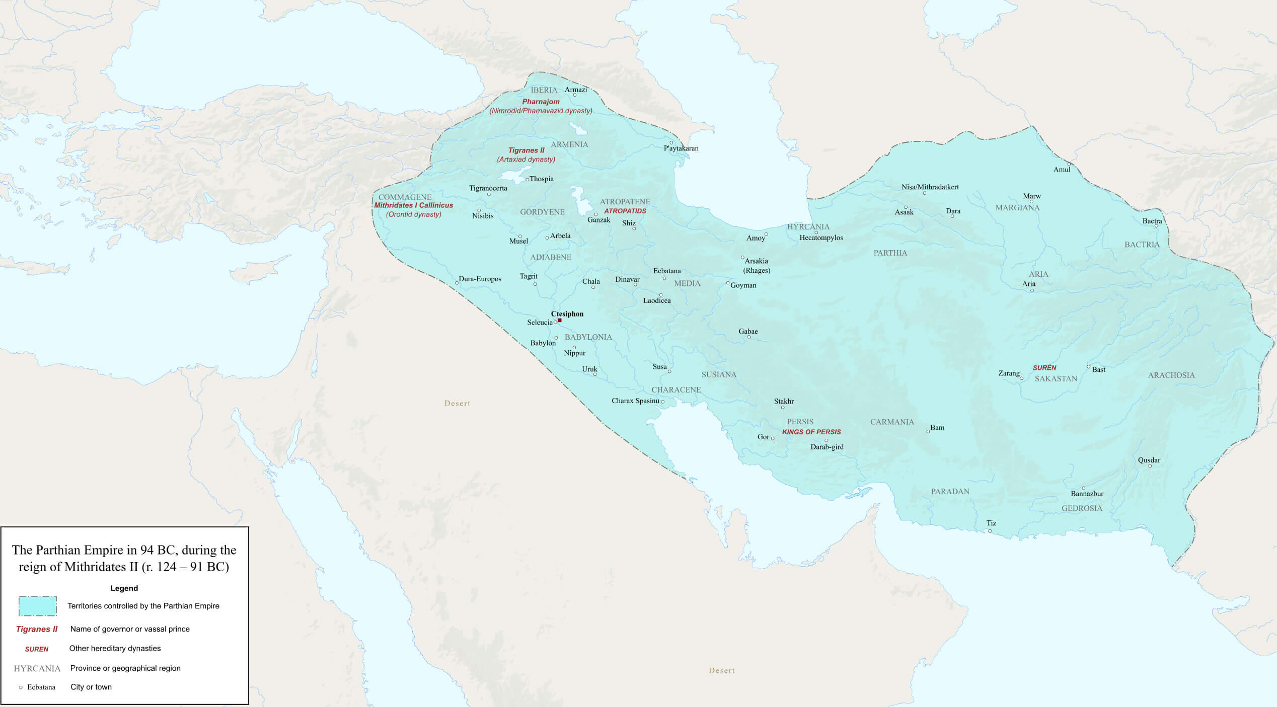 Map of the Parthian Empire under Mithridates ii