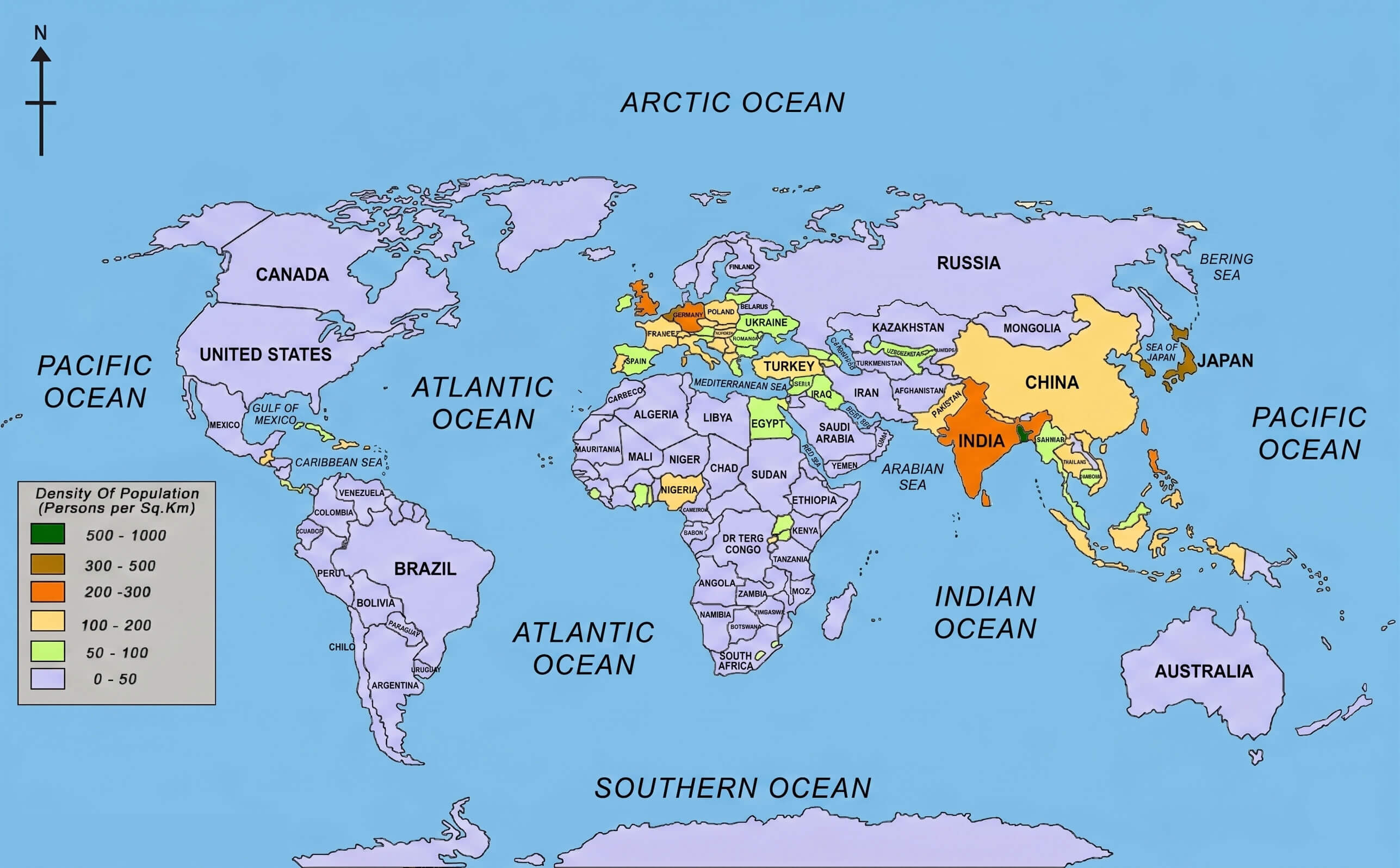 World population density distribution map