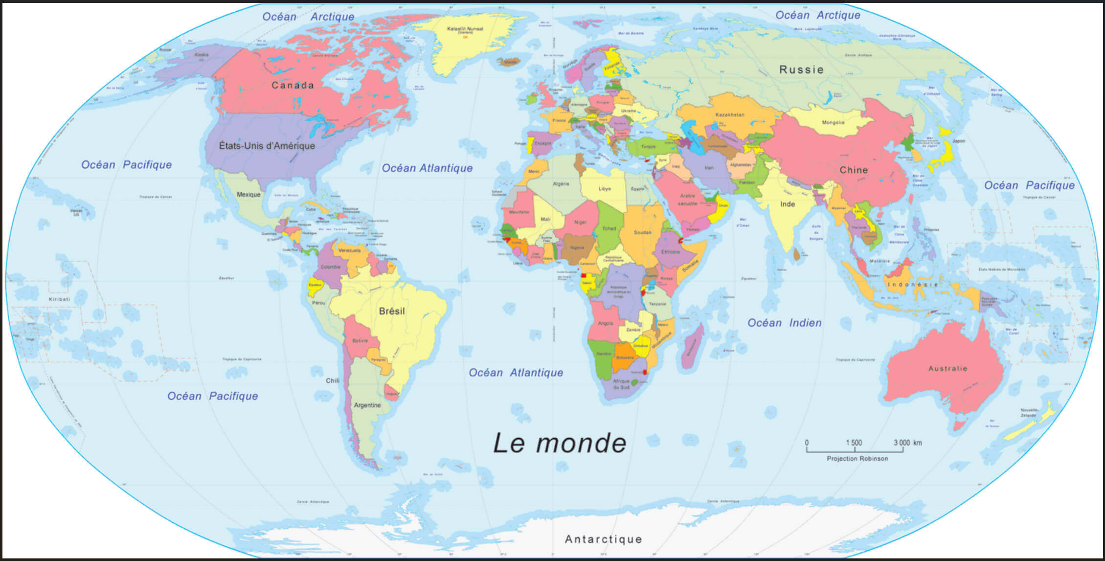 World political map in French