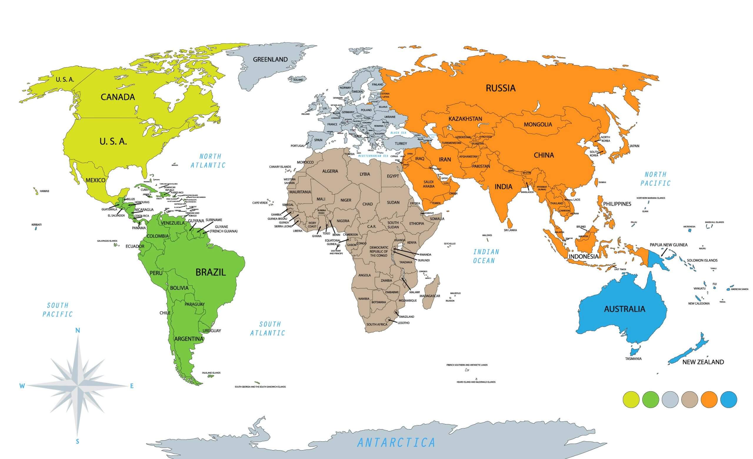 World political map with continents and countries