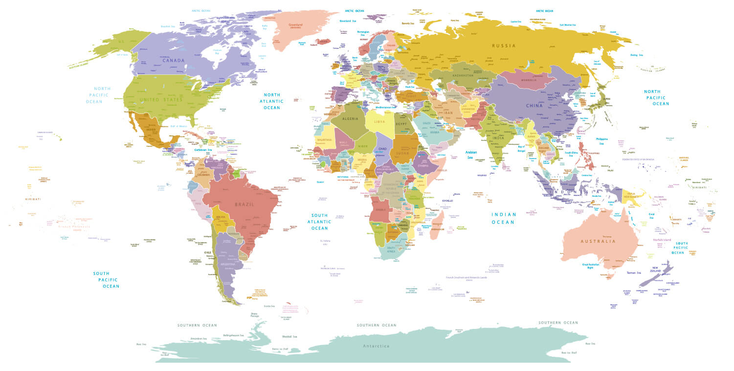 World political map with oceans