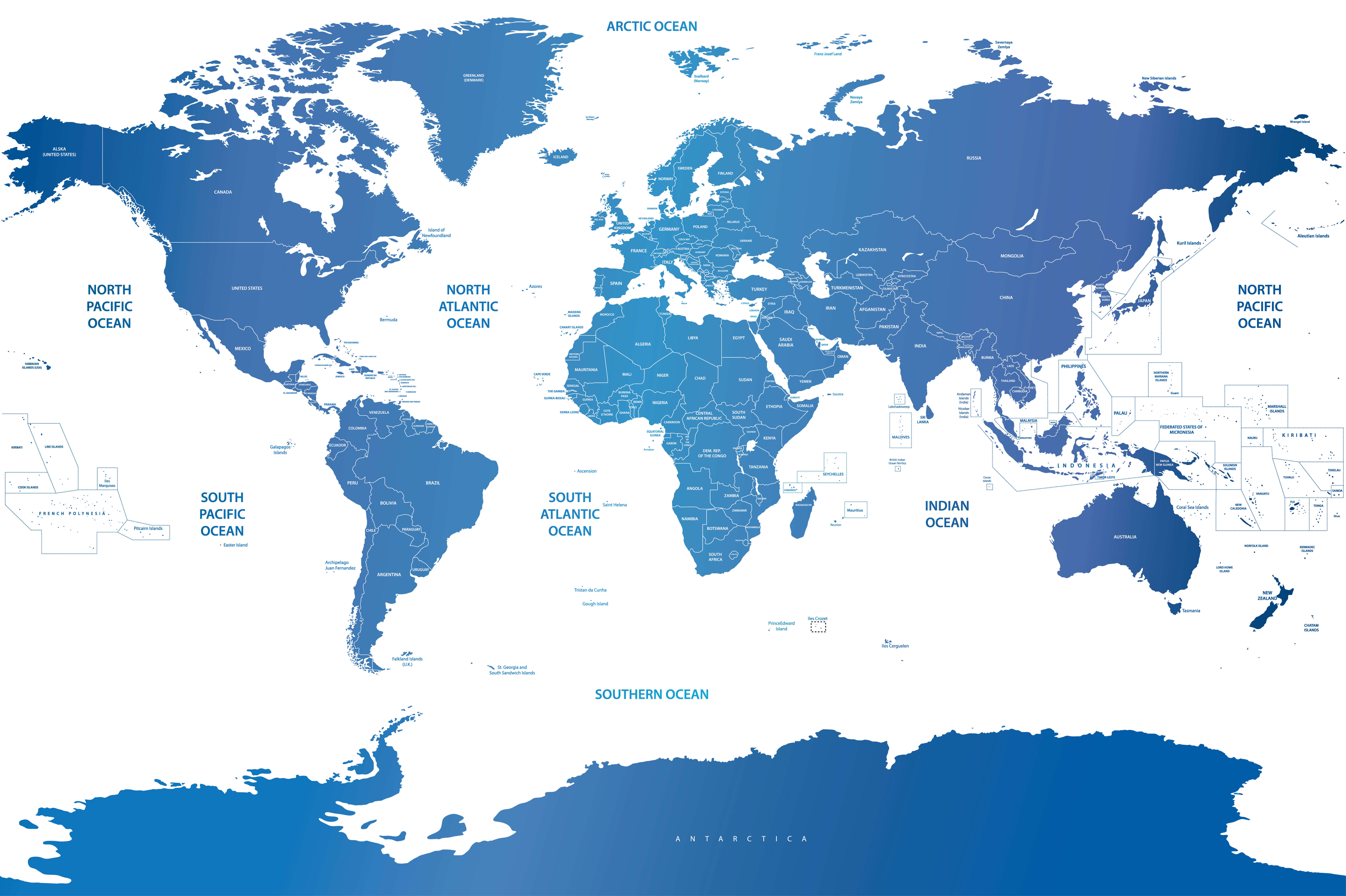 World politics map with Arctic and Southern Ocean