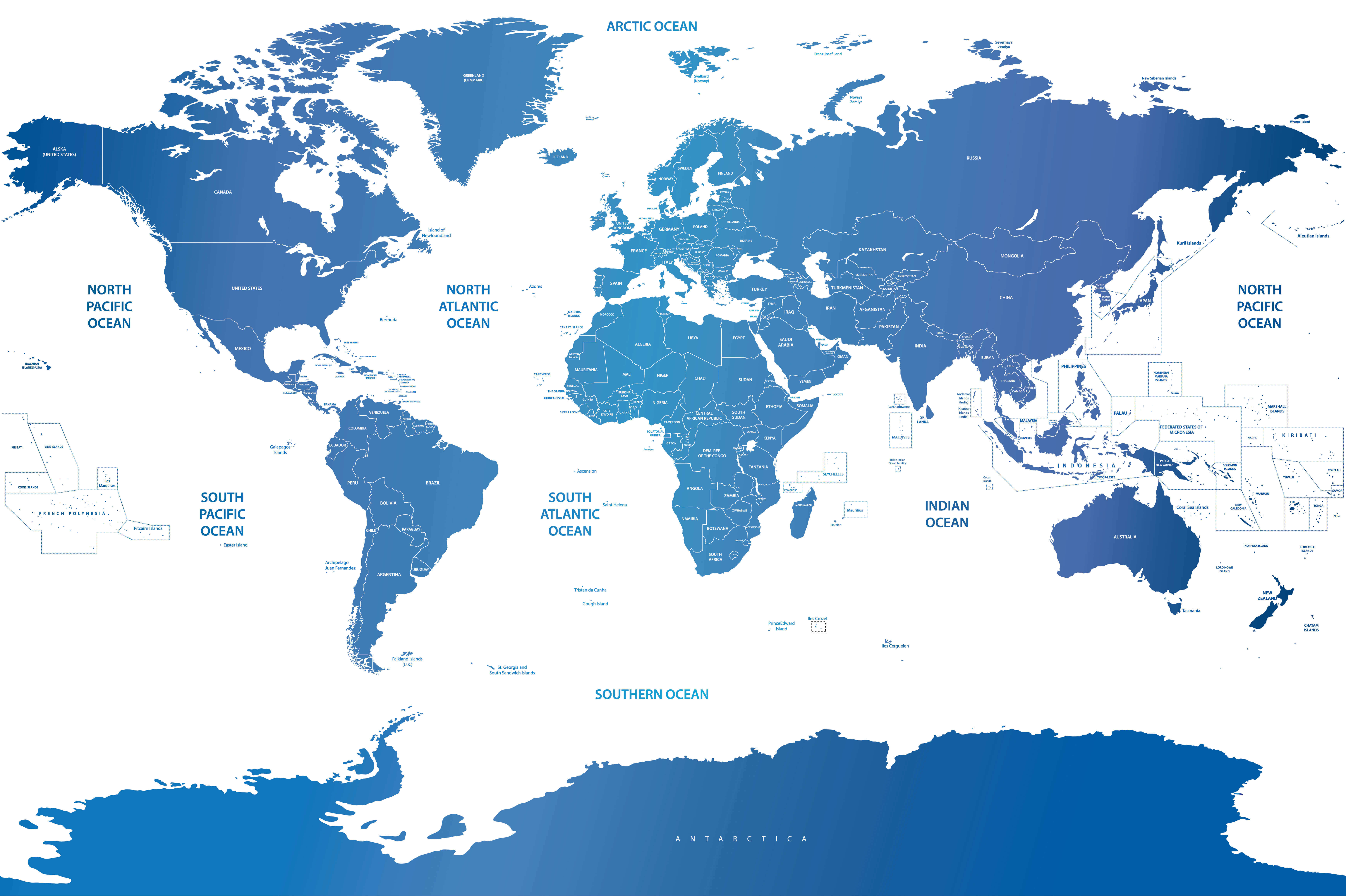 World politics map with arctic and southern ocean