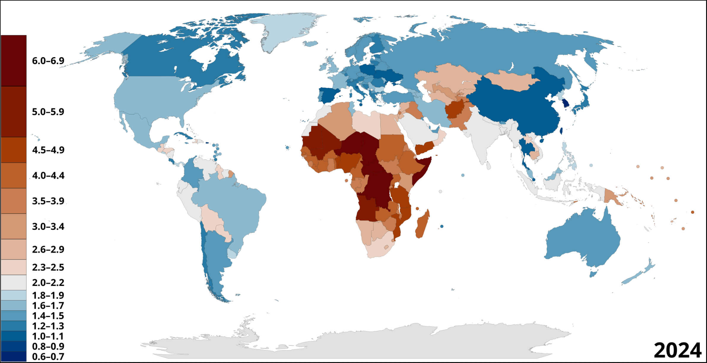 Map of the World by fertility rate in 202