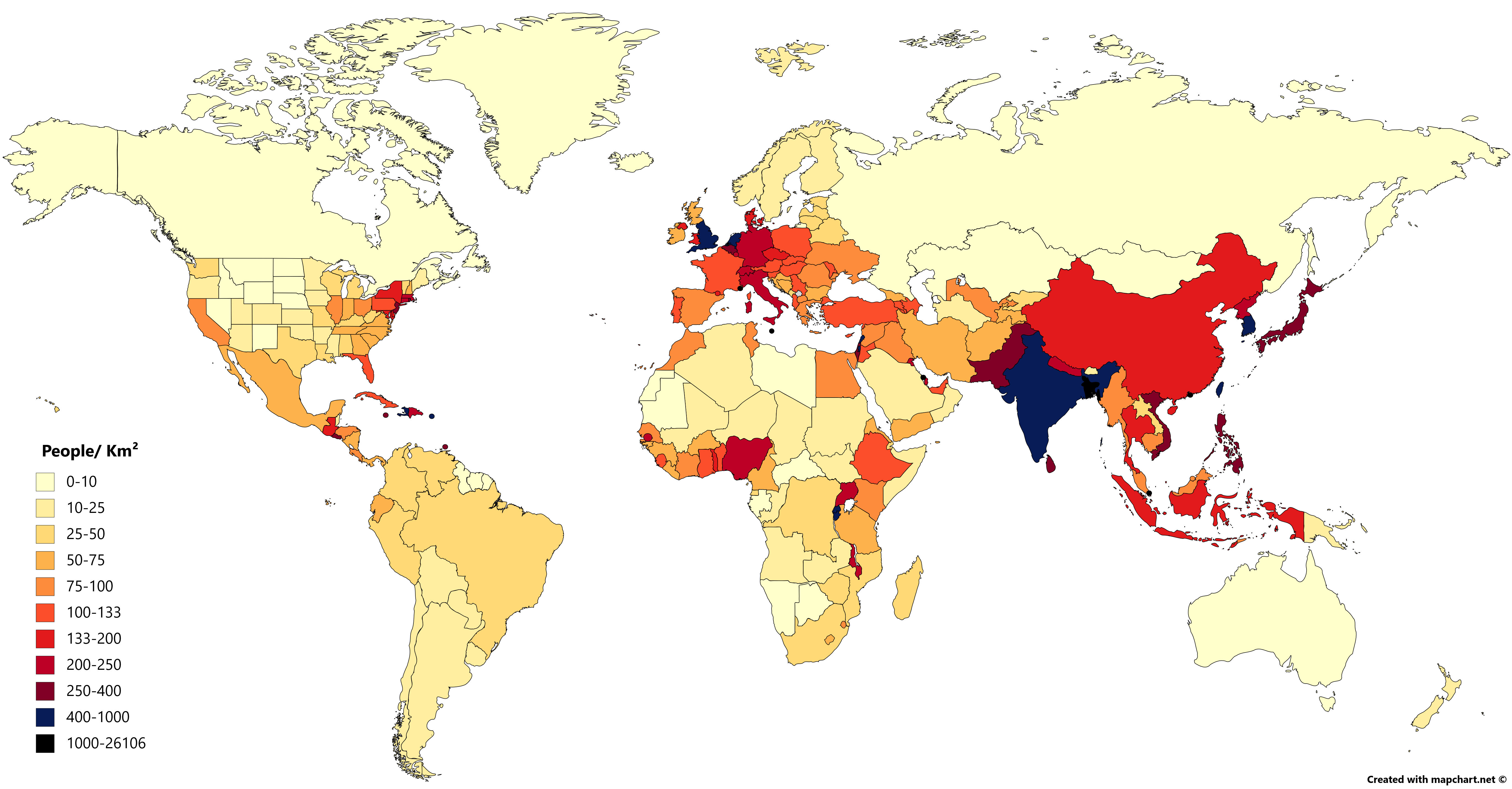 Population density per square kilometre in 2019