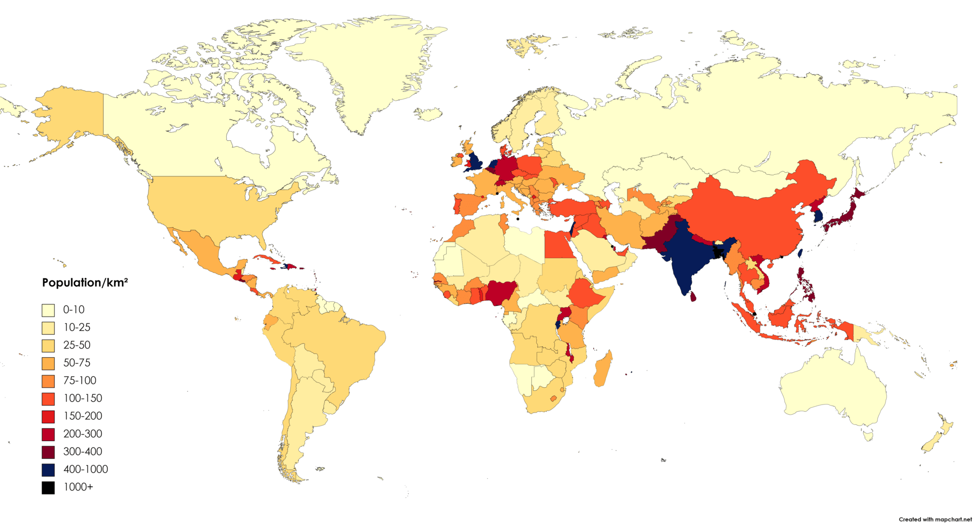 World Population density map per square kilometre
