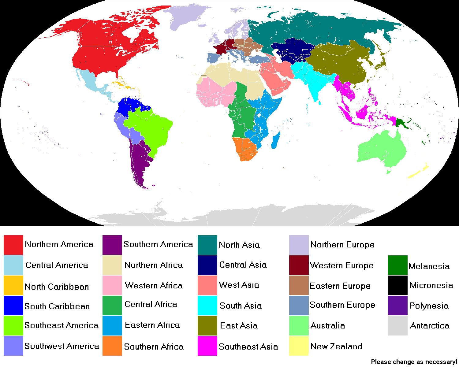 World Blank Regions Map with Continents and Subregions
