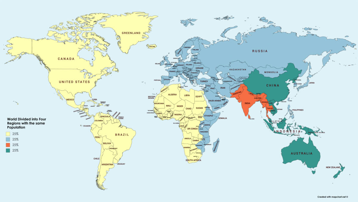 World map regions equal populations
