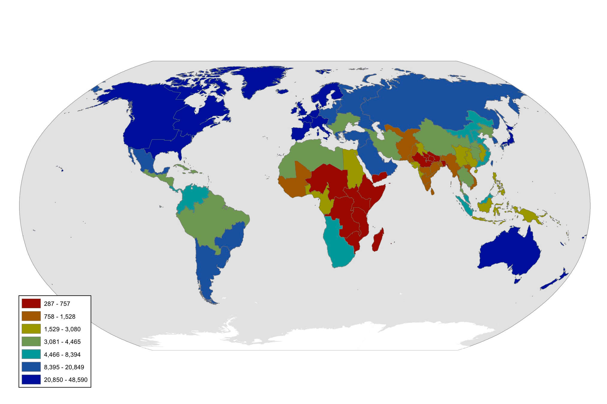 World regions GDP per capita map
