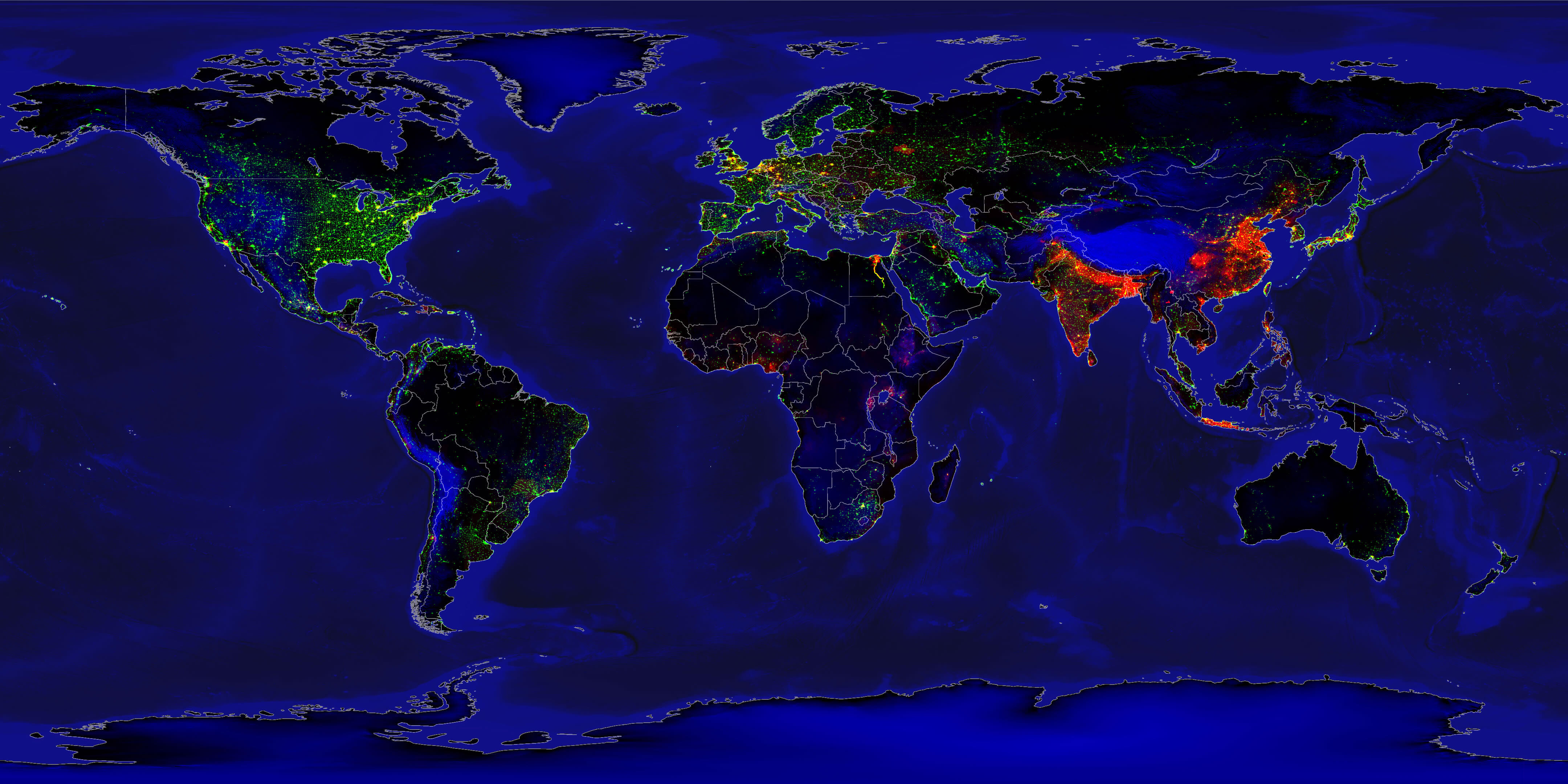 World lights vs population density map