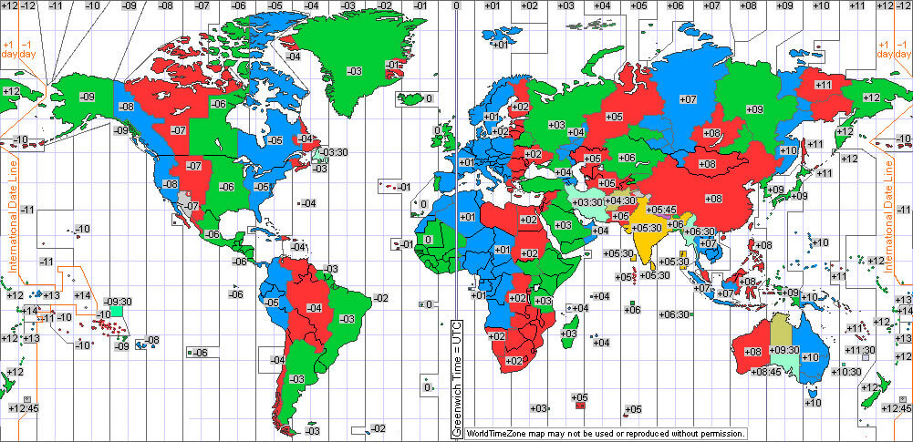 Free printable World time zone map