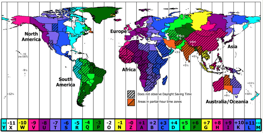 World continents time zone map
