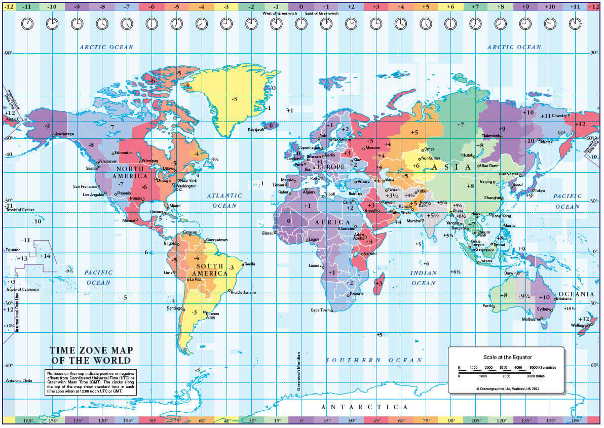 World continents time zones map with Africa