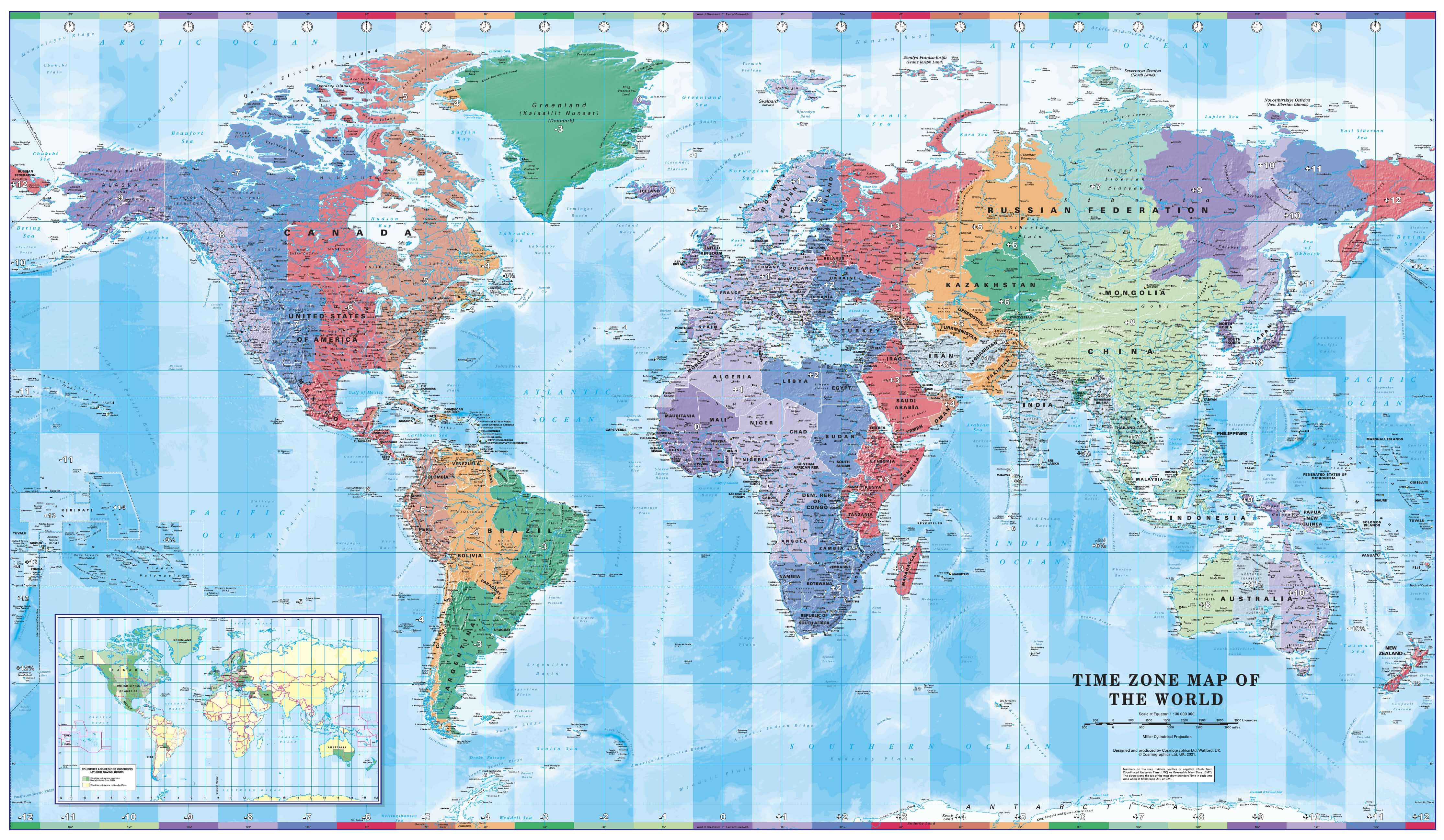 World time zone large wall map