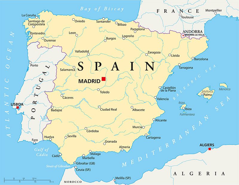 Spain Rivers and Cities Map