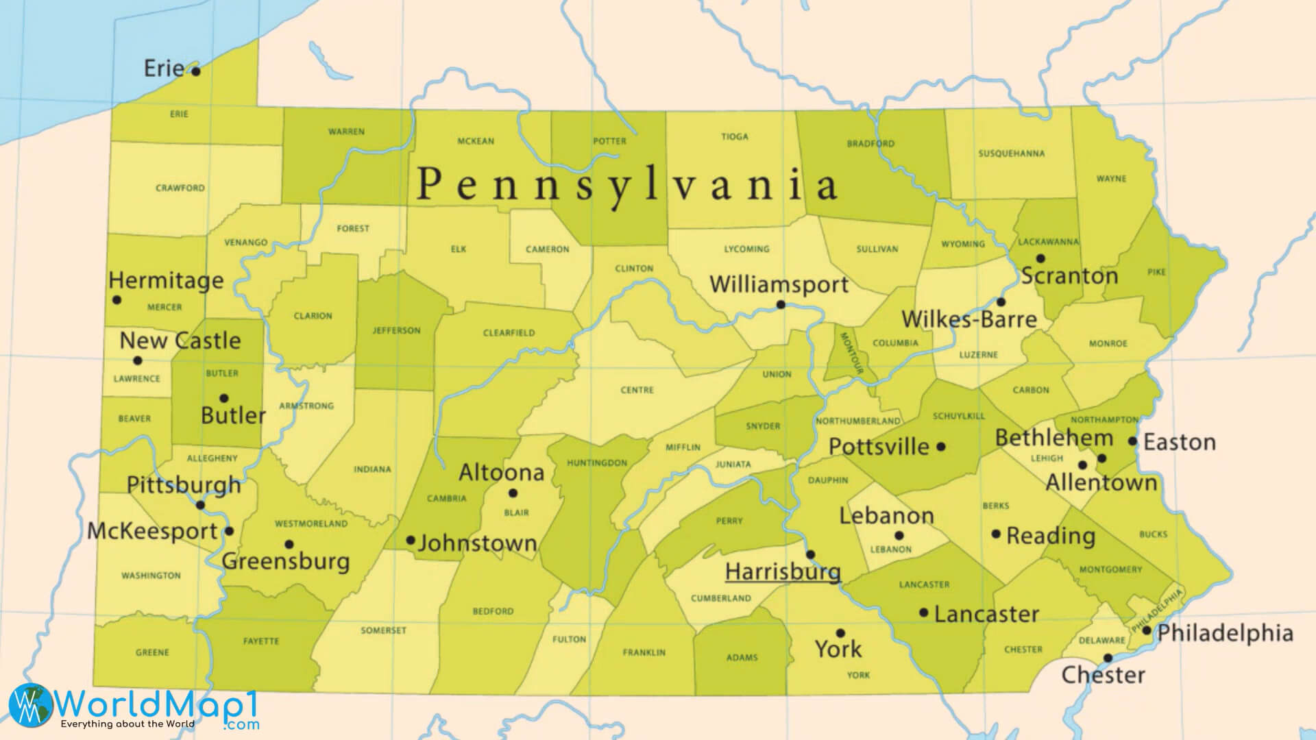 Pennsylvania counties and major cities map