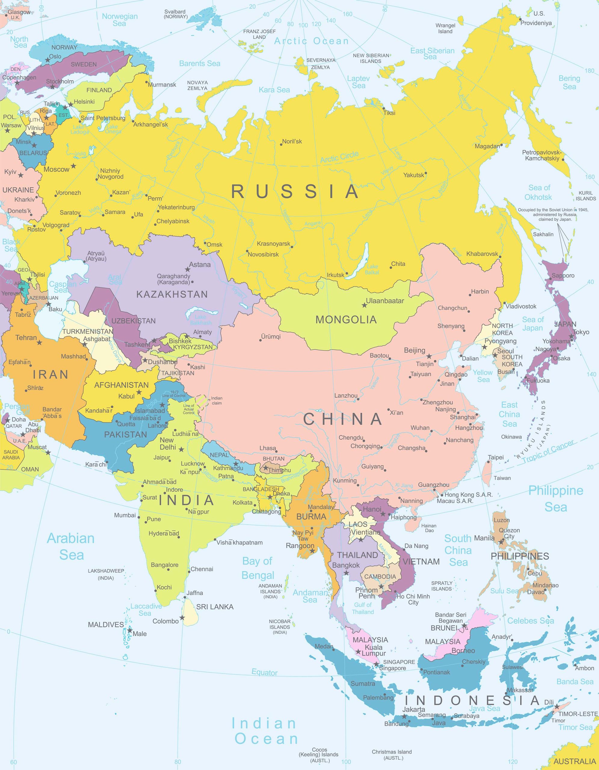 Countries, Capitals and Major Cities of the Asia Map