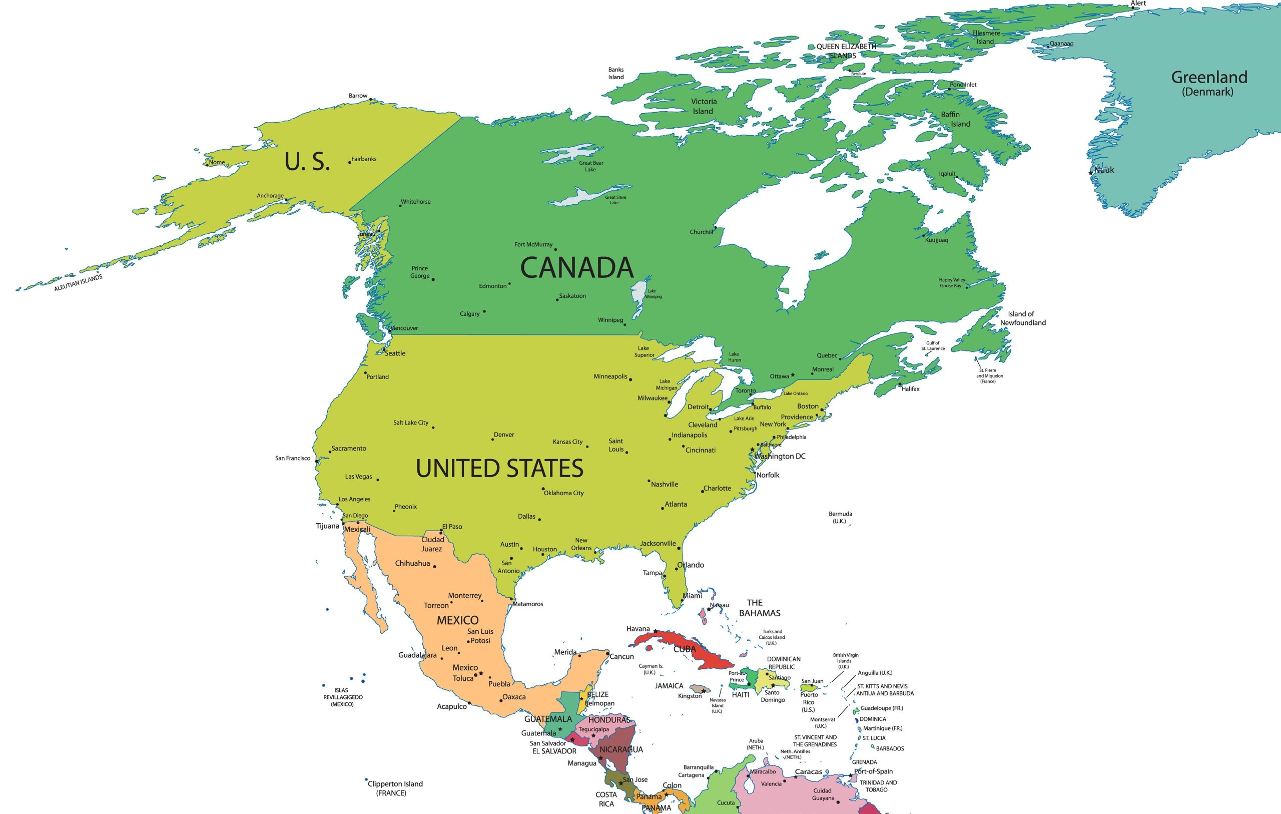 Countries, Capitals and Major Cities of the North America Map