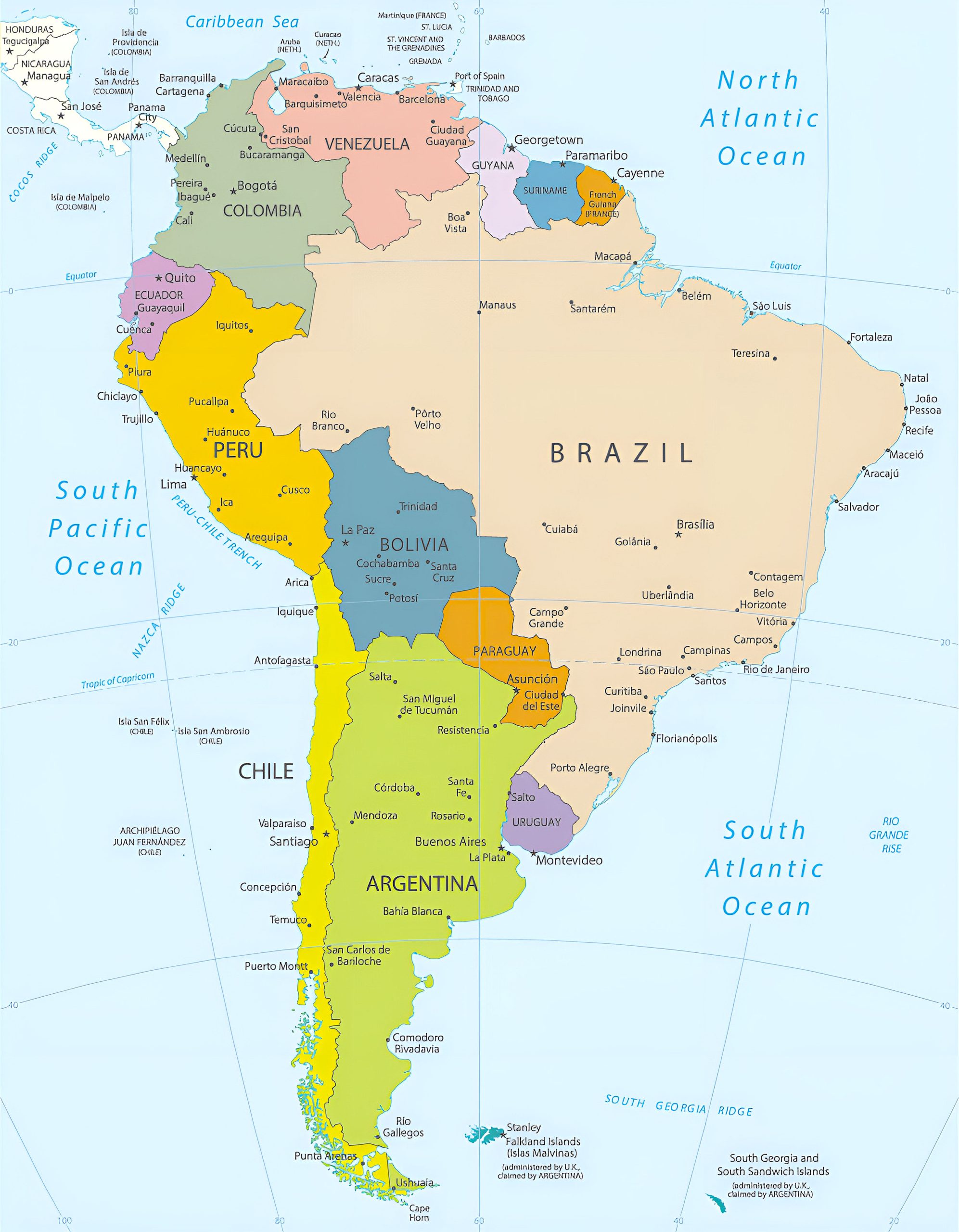 Countries, Capitals and Major Cities of the South America Map