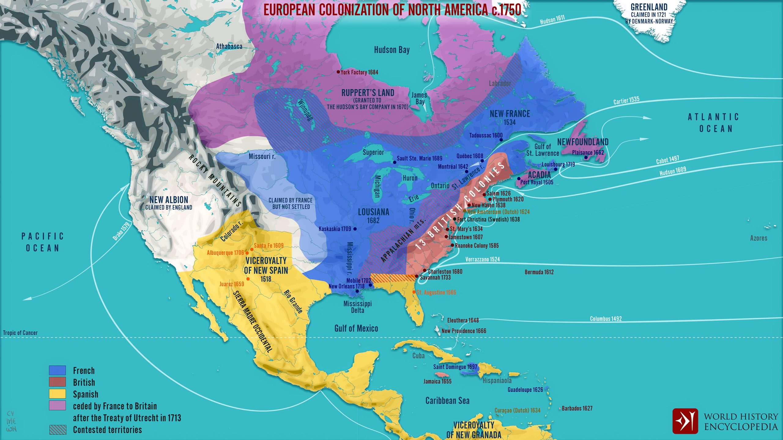 European Colonial of North America Map (1750)