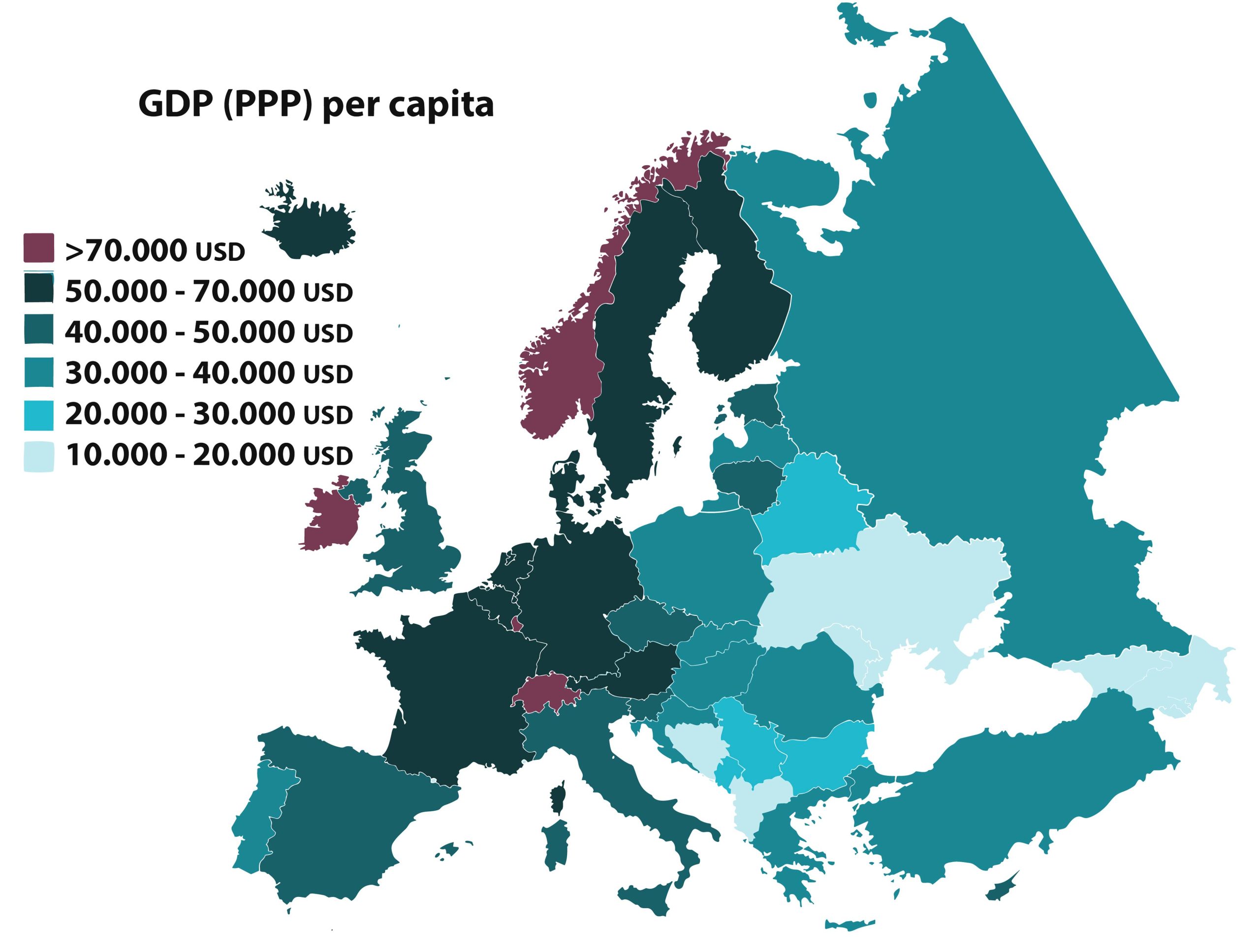United Kingdom GDP (PPP) Per Capita Map in Europe (2021)