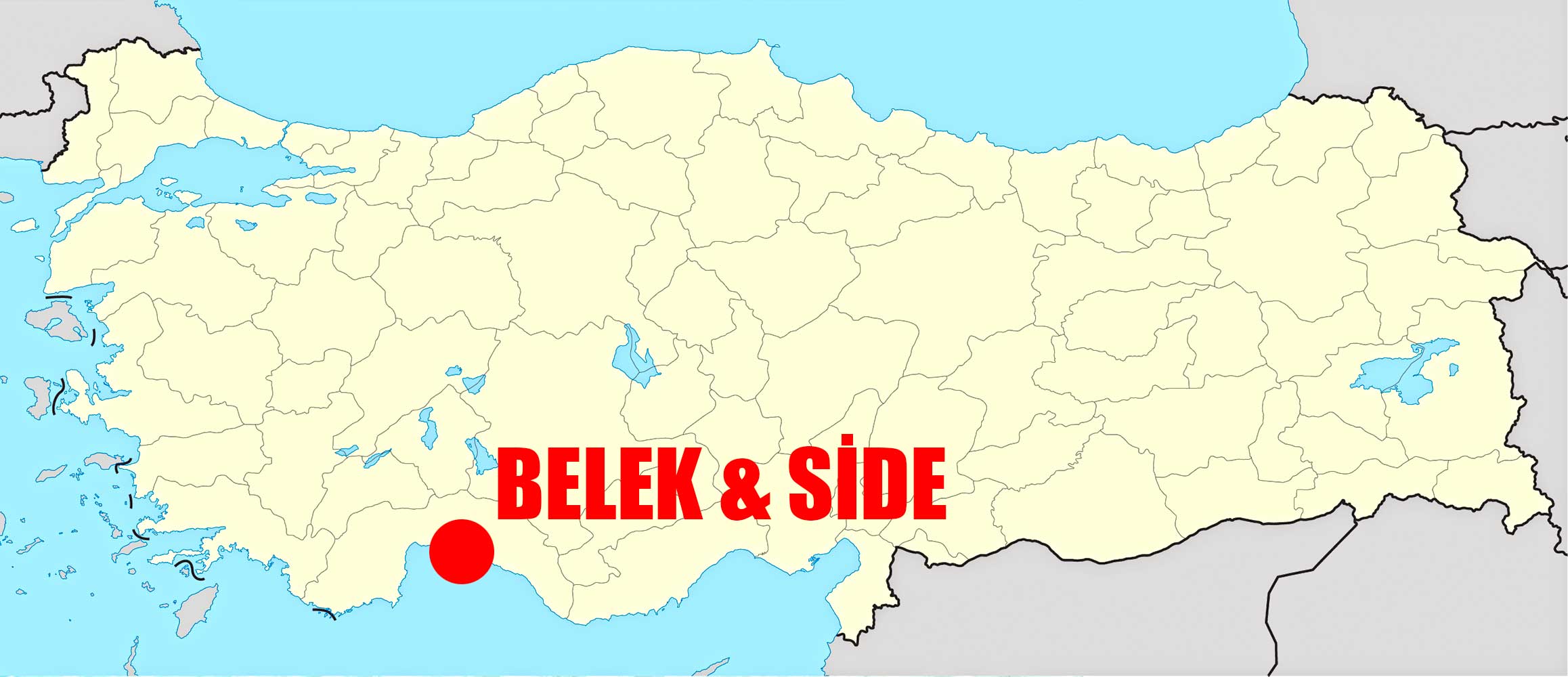 Location of Belek and Side on Turkey Map