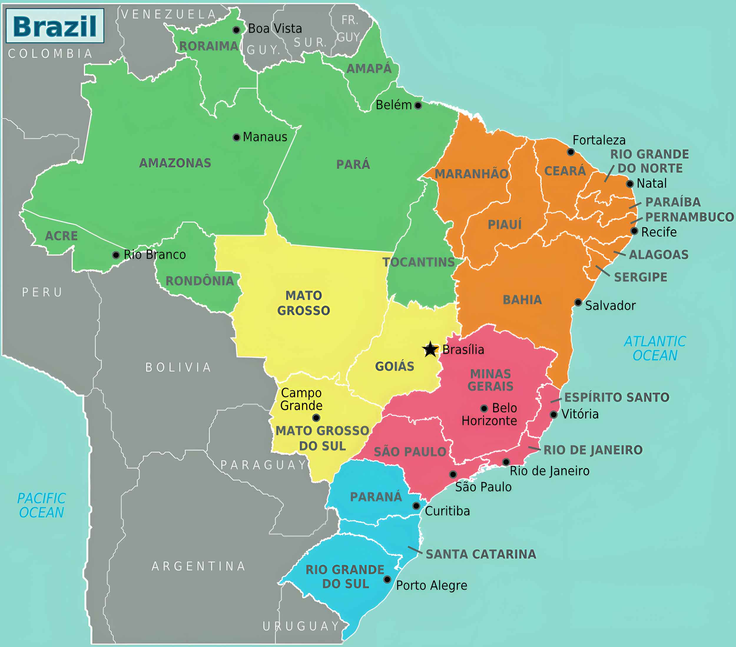 Бразилия какое государство. Административно территориальное деление Бразилии карта. Штаты Бразилии на карте. Административная карта Бразилии. Штаты Бразилии на карте на русском.