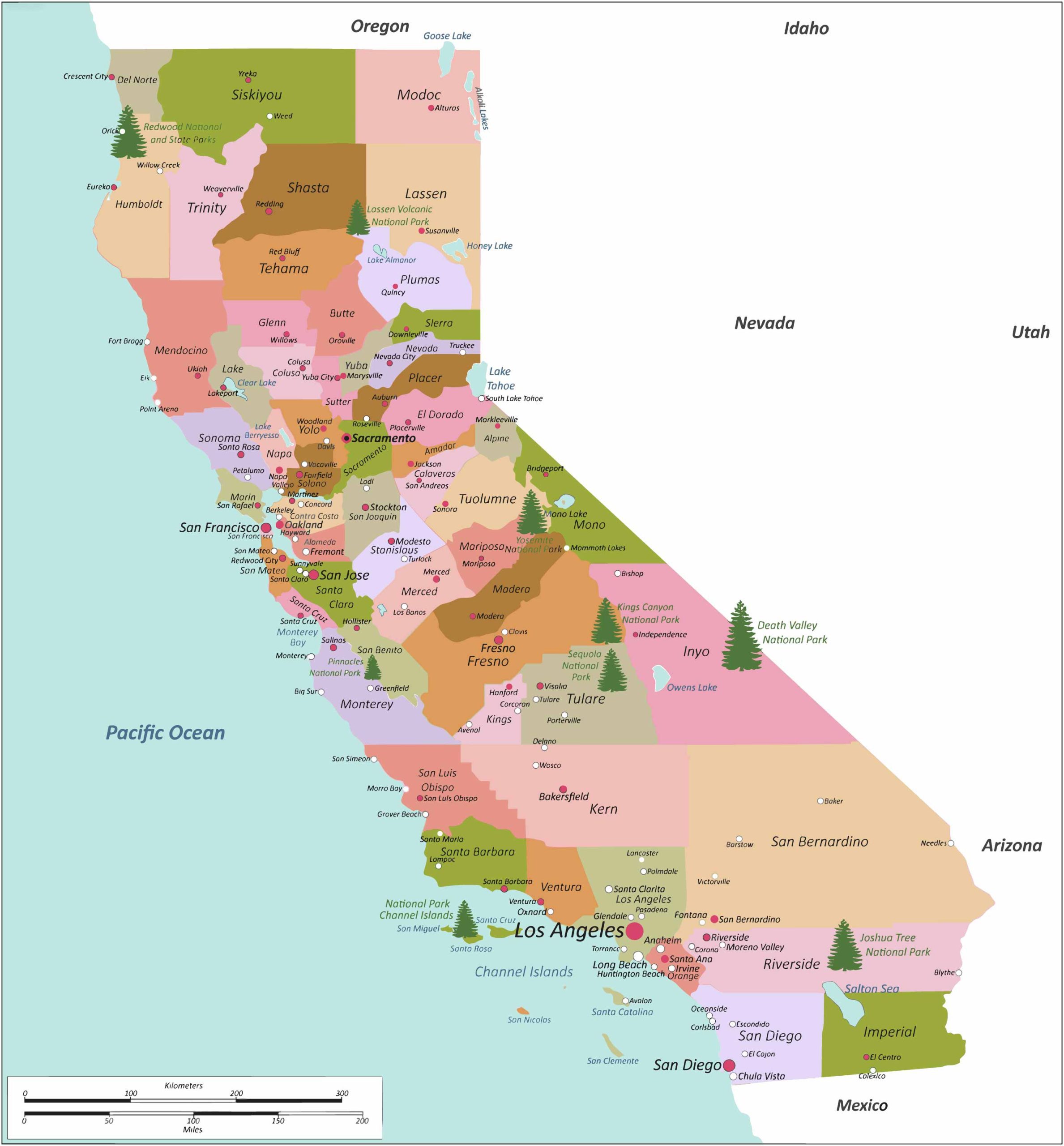 California Cities, Counties, Capitals Map