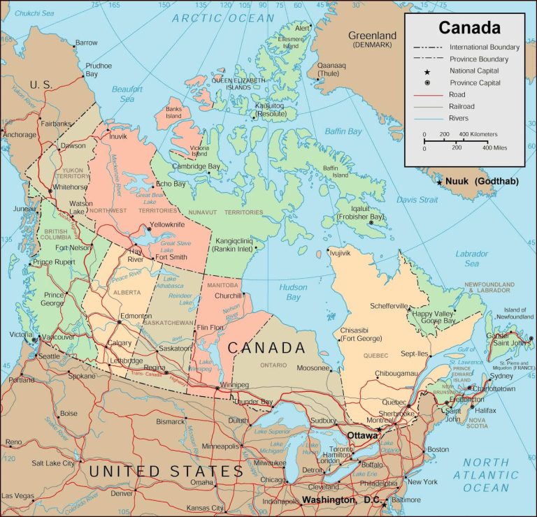 Canada road railroad and rivers map with provinces