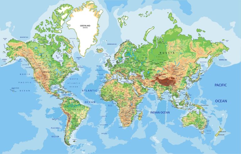 Physical and elevation map of the World
