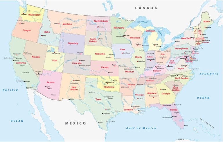 Colorful United States political map with states